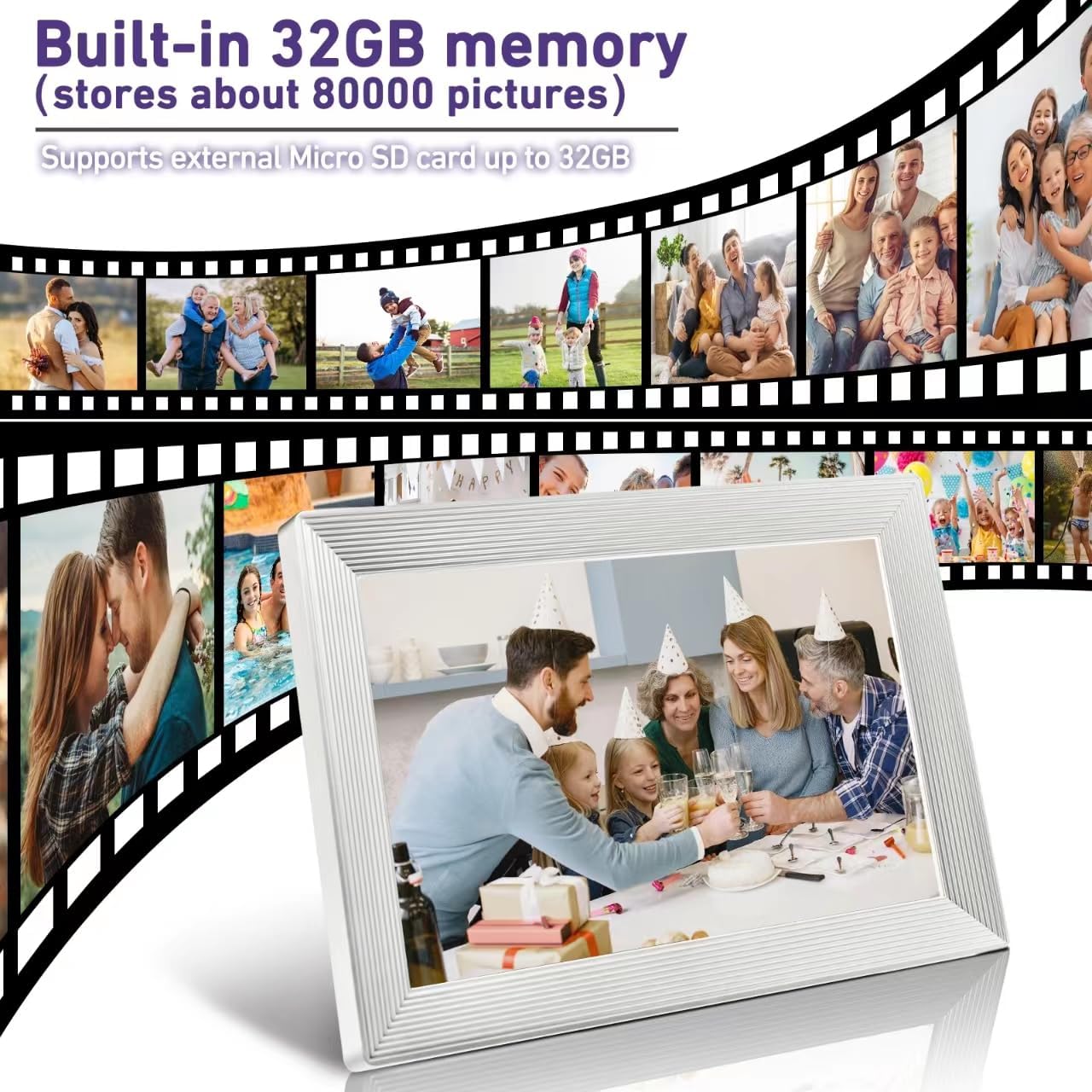 FRAMEO – Marco de fotos digital WiFi de 10.1 pulgadas, pantalla táctil HD IPS de 1280 x 800 con memoria interna de 32 GB, rotación automática, a
