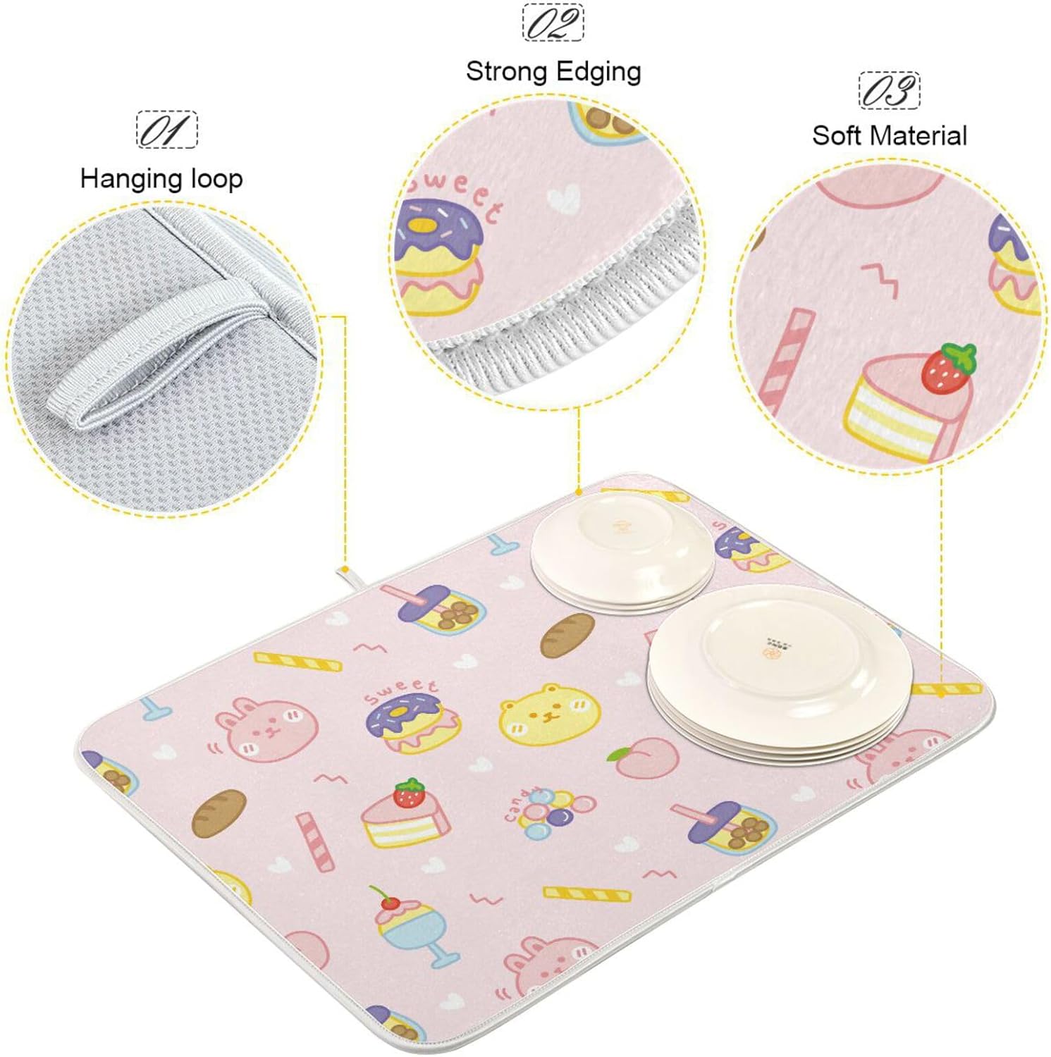 Cute Dessert Rabbit Donut Bubble Tea Peach Dish Mat Washnable Absorbent Kitchen Mat For Counter Drying Mats For Countertop Tapete Para Cocina 16” x