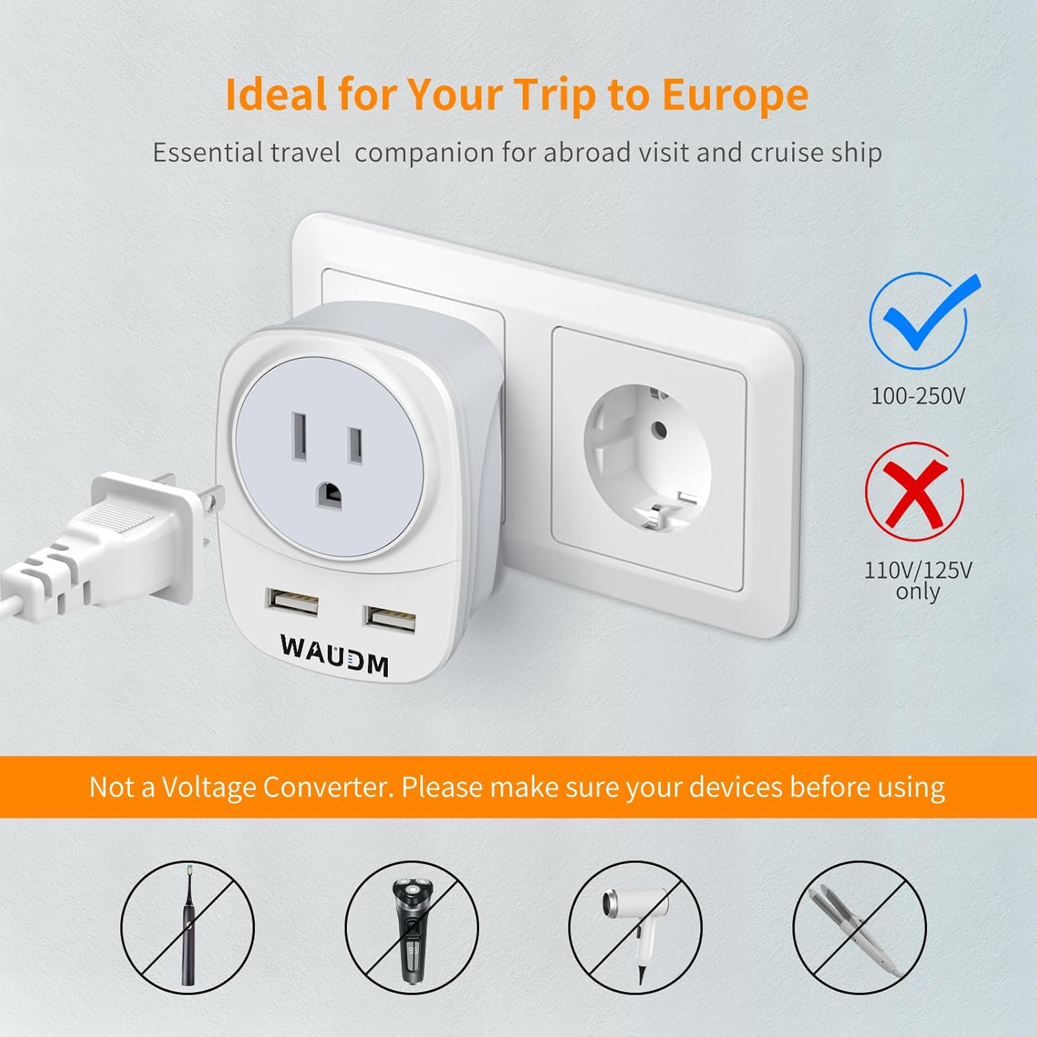 Adaptador de corriente de viaje de Alemania Francia, convertidor de enchufe tipo EF con 2 puertos USB y 2 puertos USB C, 1 toma de CA, adaptador de