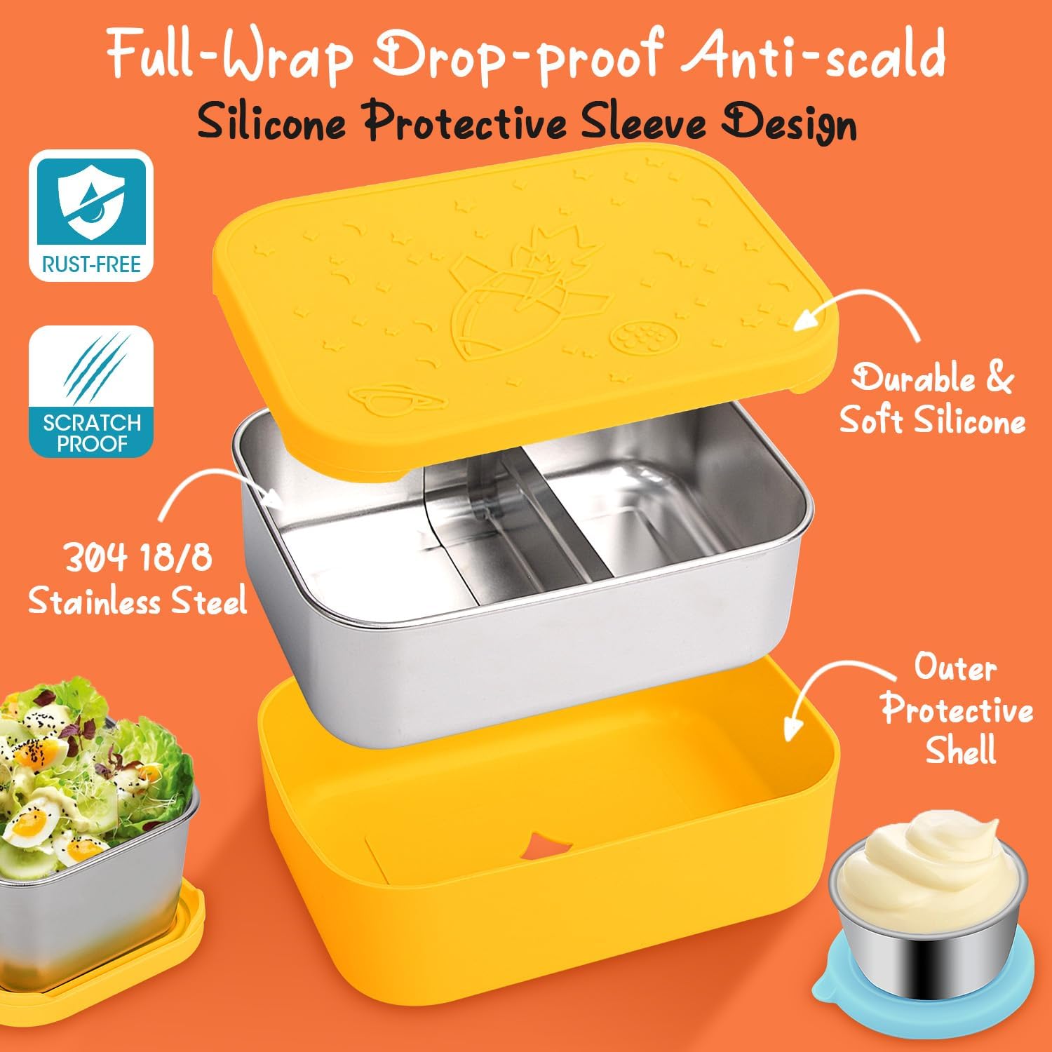 Juego de 3 cajas Bento de acero inoxidable, 96.4 fl oz, a prueba de fugas, cajas de almacenamiento de alimentos divididas con tapa de silicona y