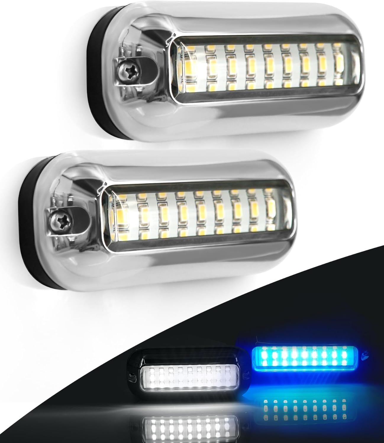 Luz submarina impermeable para barco, luz LED de acero inoxidable, 27 LED CC 10-36 voltios, luces de barcos azules y blancas, IP68, montaje en