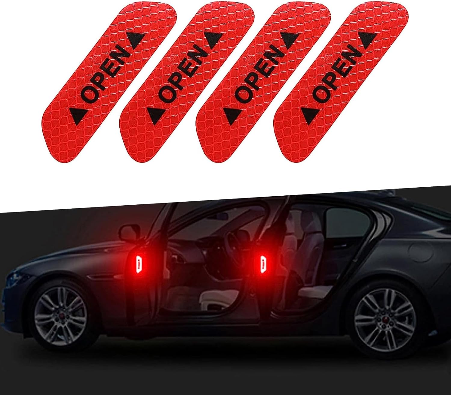 4 calcomanías de advertencia de apertura de automóvil, 3.74 x 0.98 pulgadas, tira reflectante de apertura de puerta anticolisión, película