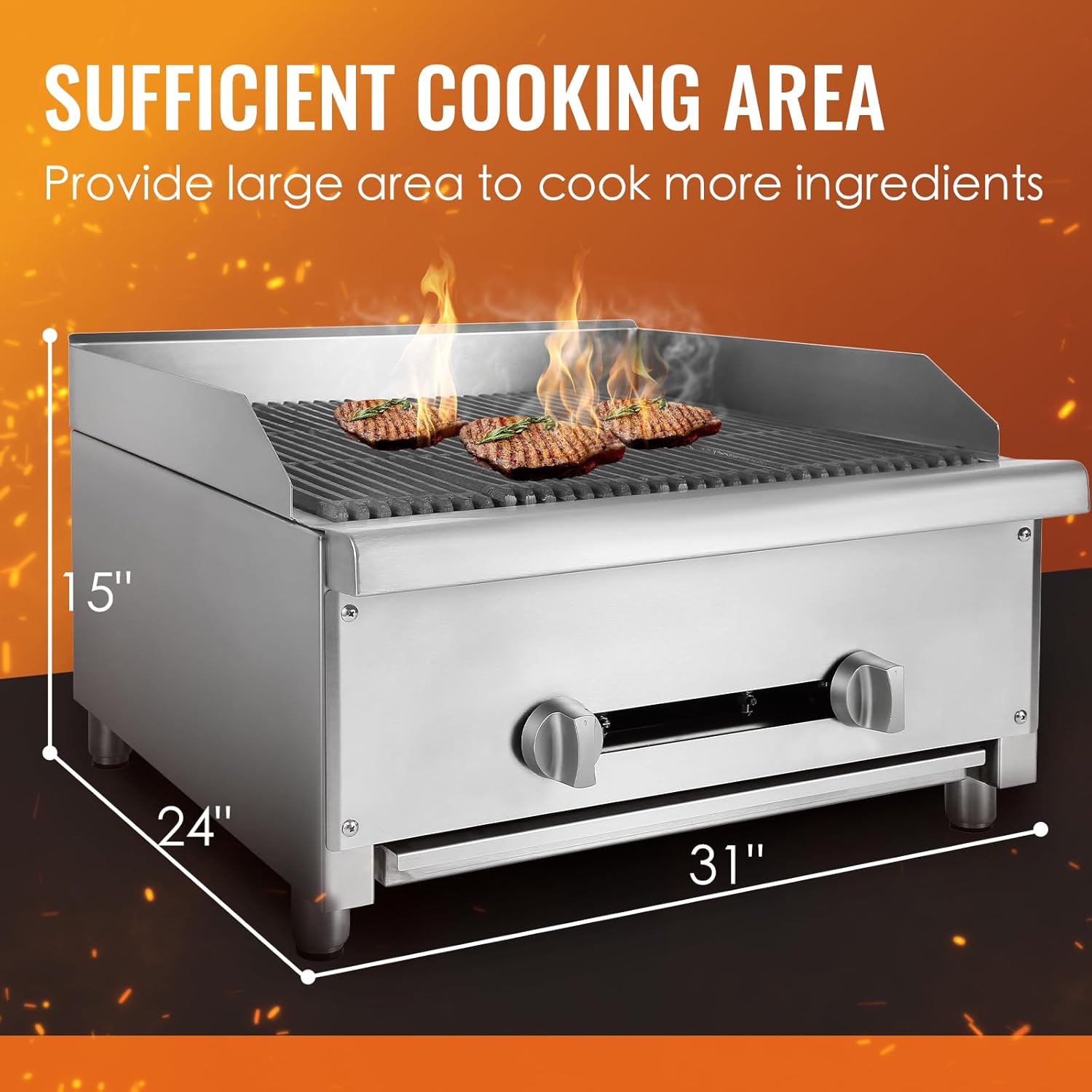 Charbroiler comercial de 24 pulgadas, parrilla de gas naturalpropano resistente con 2 quemadores, 56,000 BTU, equipo de cocina comercial certificado