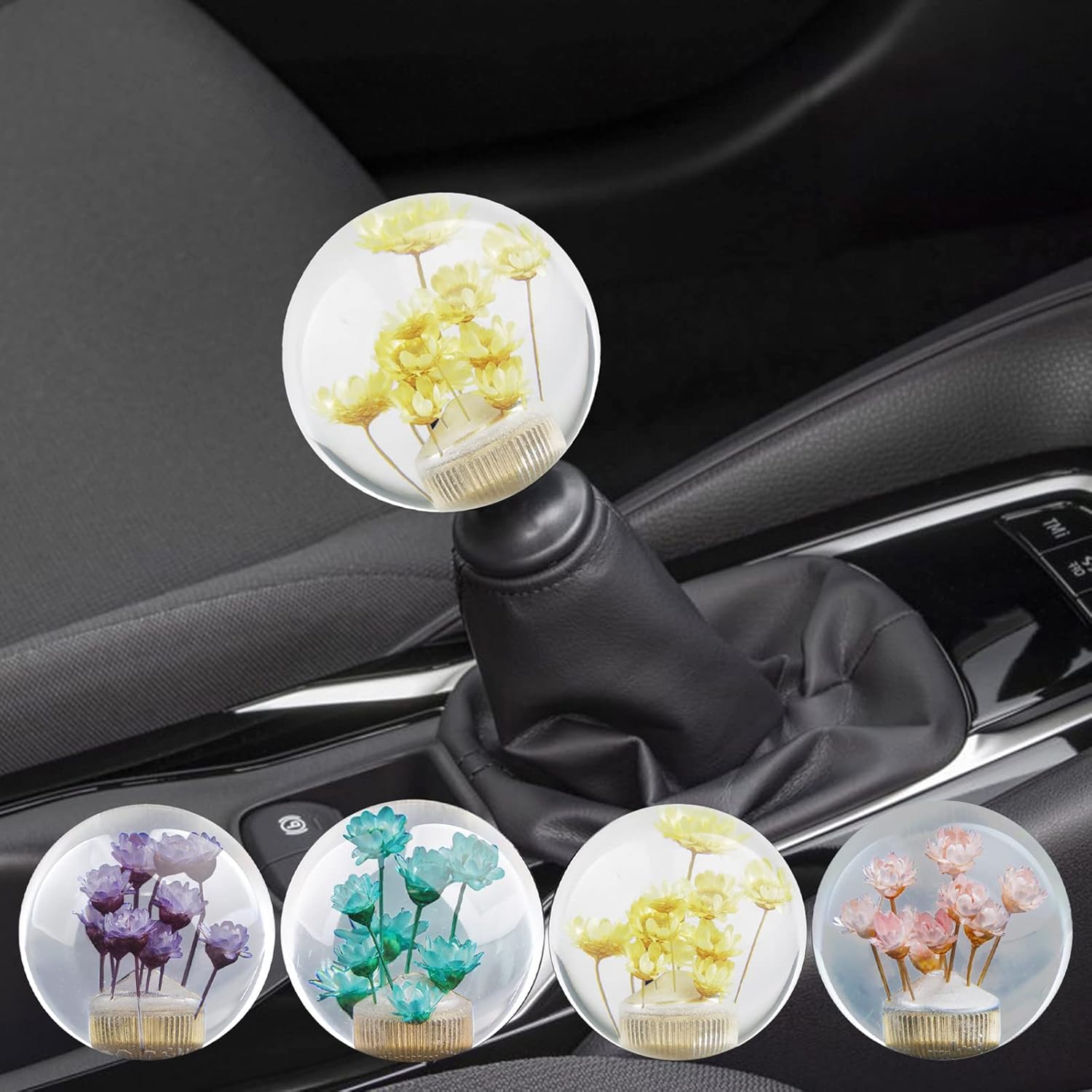 Cabezal de palanca de cambios de coche, perilla de velocidad de bola transparente, palanca de cambios manual de acrílico con flor, cabeza de cambio