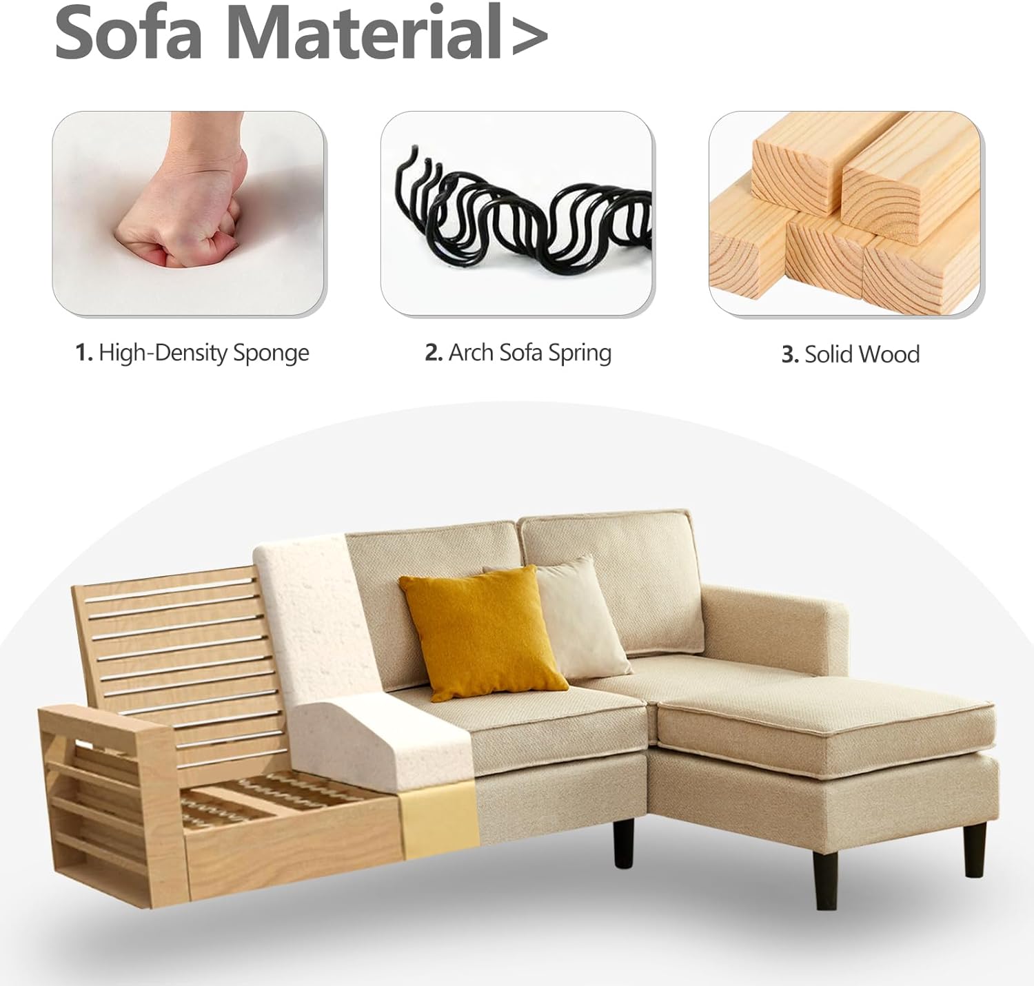 Cpintltr Sofá en forma de L, sofá futón de lino de 3 asientos, sofá cama convertible con patas de madera cónicas, sofás modernos de mediados de