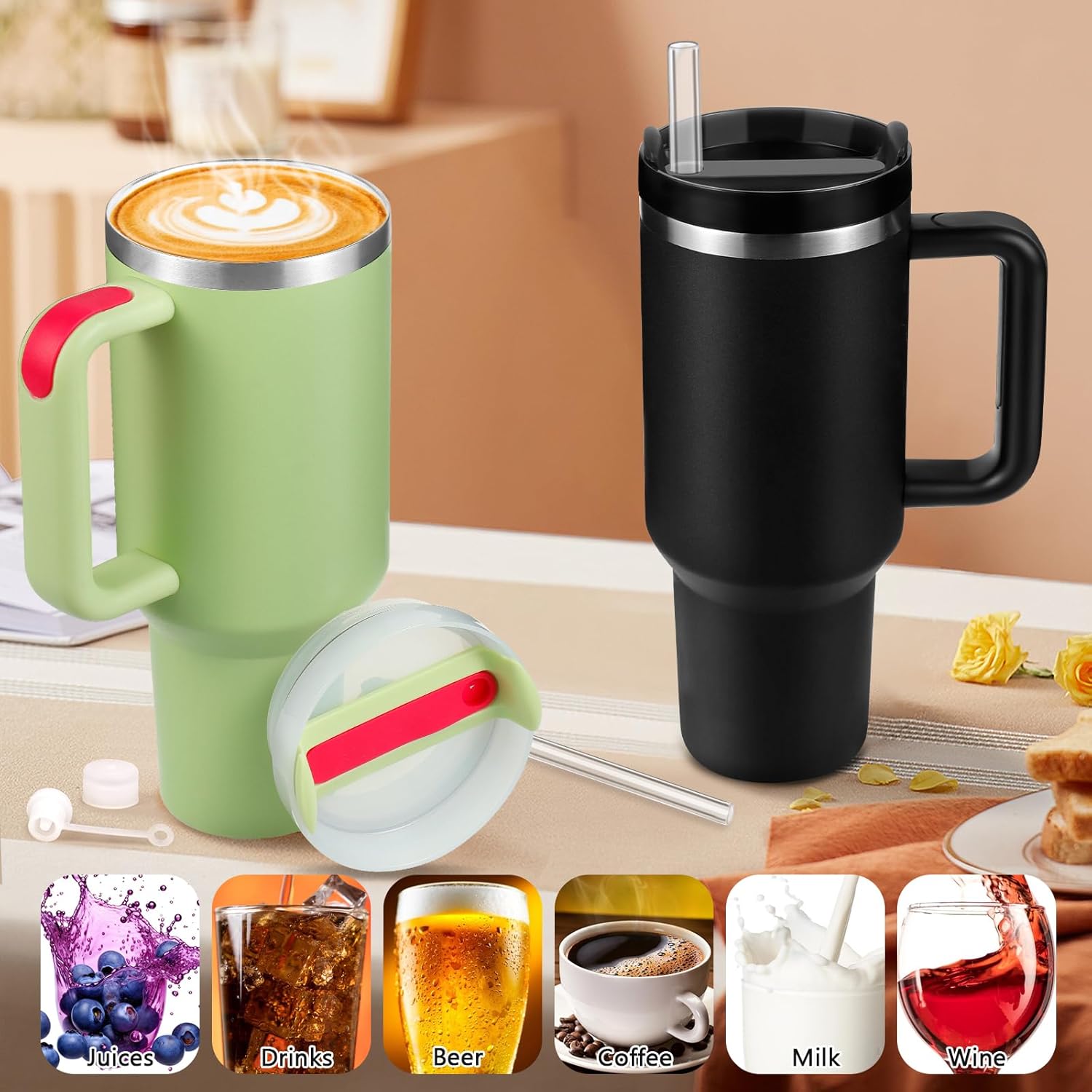 BELYQLY Vaso aislado al vacío de acero inoxidable de 40 onzas con tapa y popote para agua, batidos y más, té helado o café (negro)