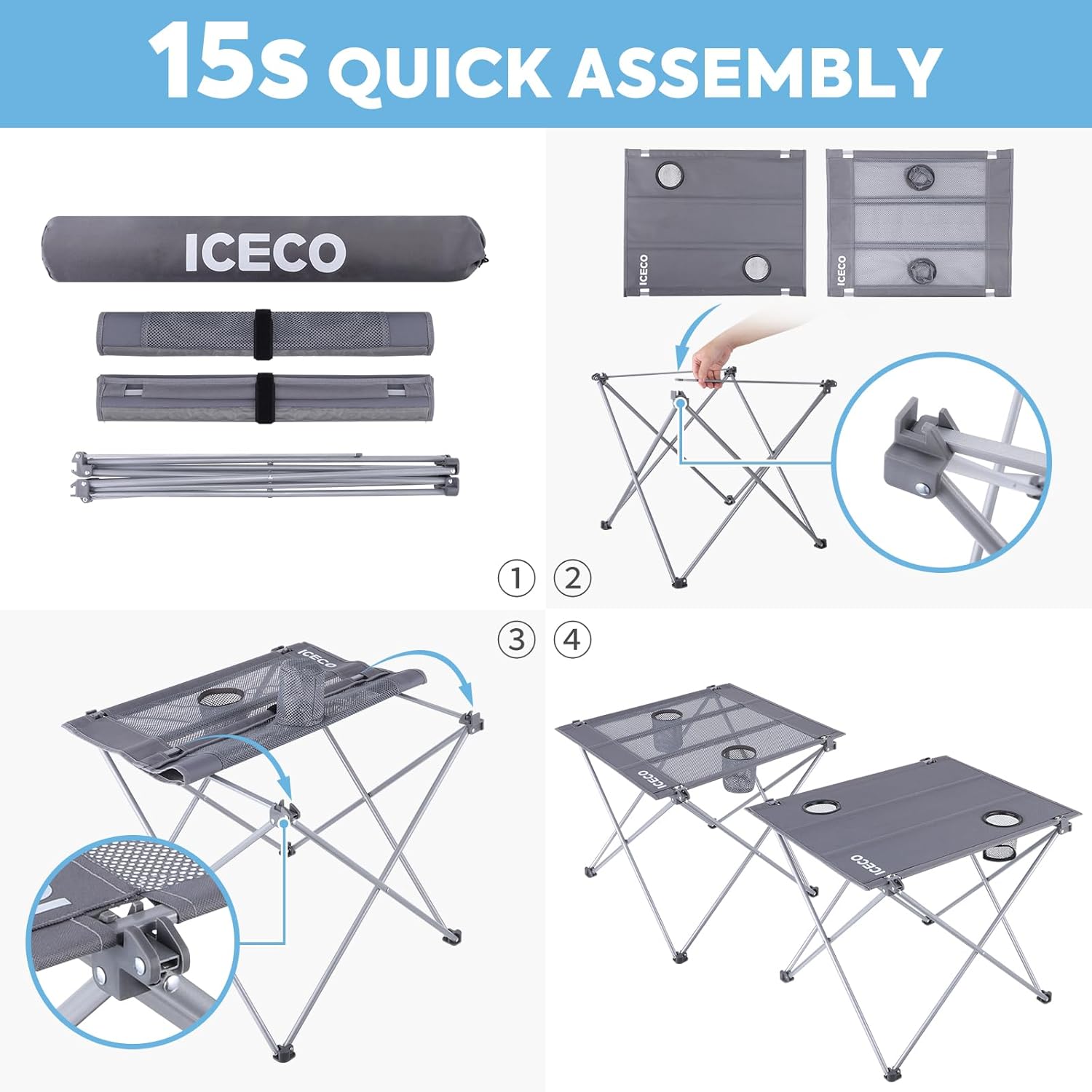 ICECO Mesa de camping portátil, mesa plegable para campamento, mesa plegable de alta resistencia, mesa de playa para arena, mesa al aire libre con 2