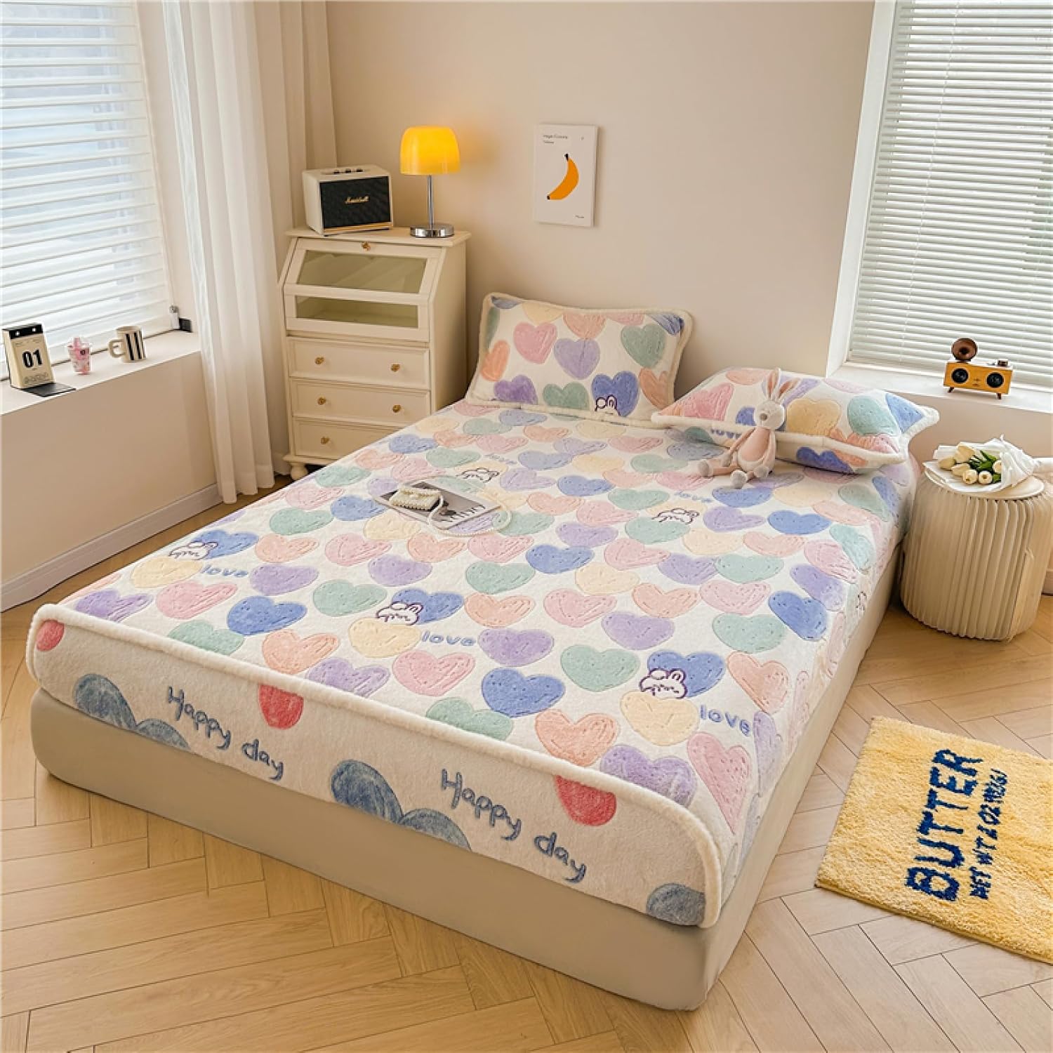 Sábana bajera ajustable solo Queen, funda de colchón de dibujos animados, sábana de cama de felpa, cálida y elástica, suave colcha para niños, color