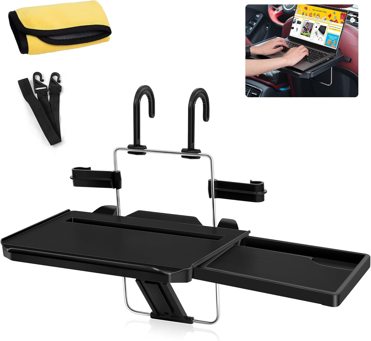 VarCozy Bandeja plegable para volante de automóvil, bandeja plegable para reposacabezas trasero con bandeja expandible y ranura para tazas de