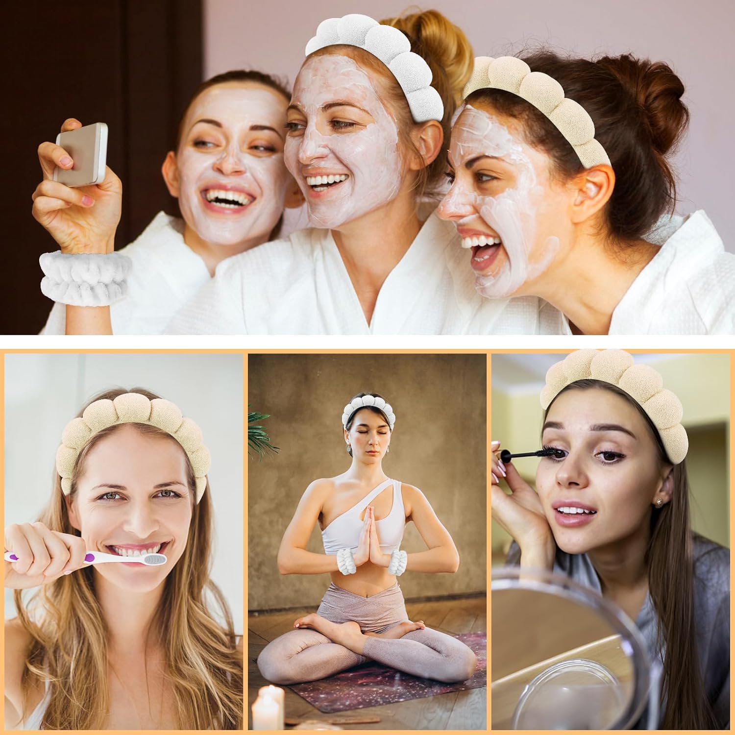 ACO-UINT Juego de 6 diademas de spa y muñequeras, diademas para el cuidado de la piel, diadema de maquillaje, diadema de esponja para lavar la cara,