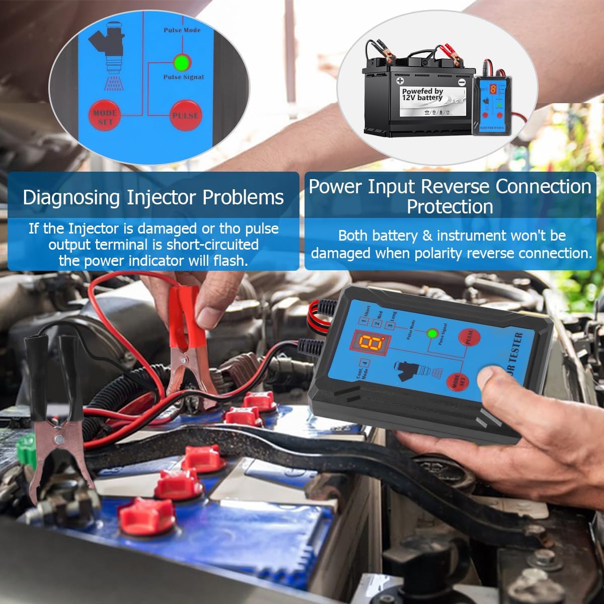 Kit de limpiador de inyector de combustible actualizado con 2 adaptadores universales y 2 limpiadores de descarga dedicados, 8 modos de pulso,