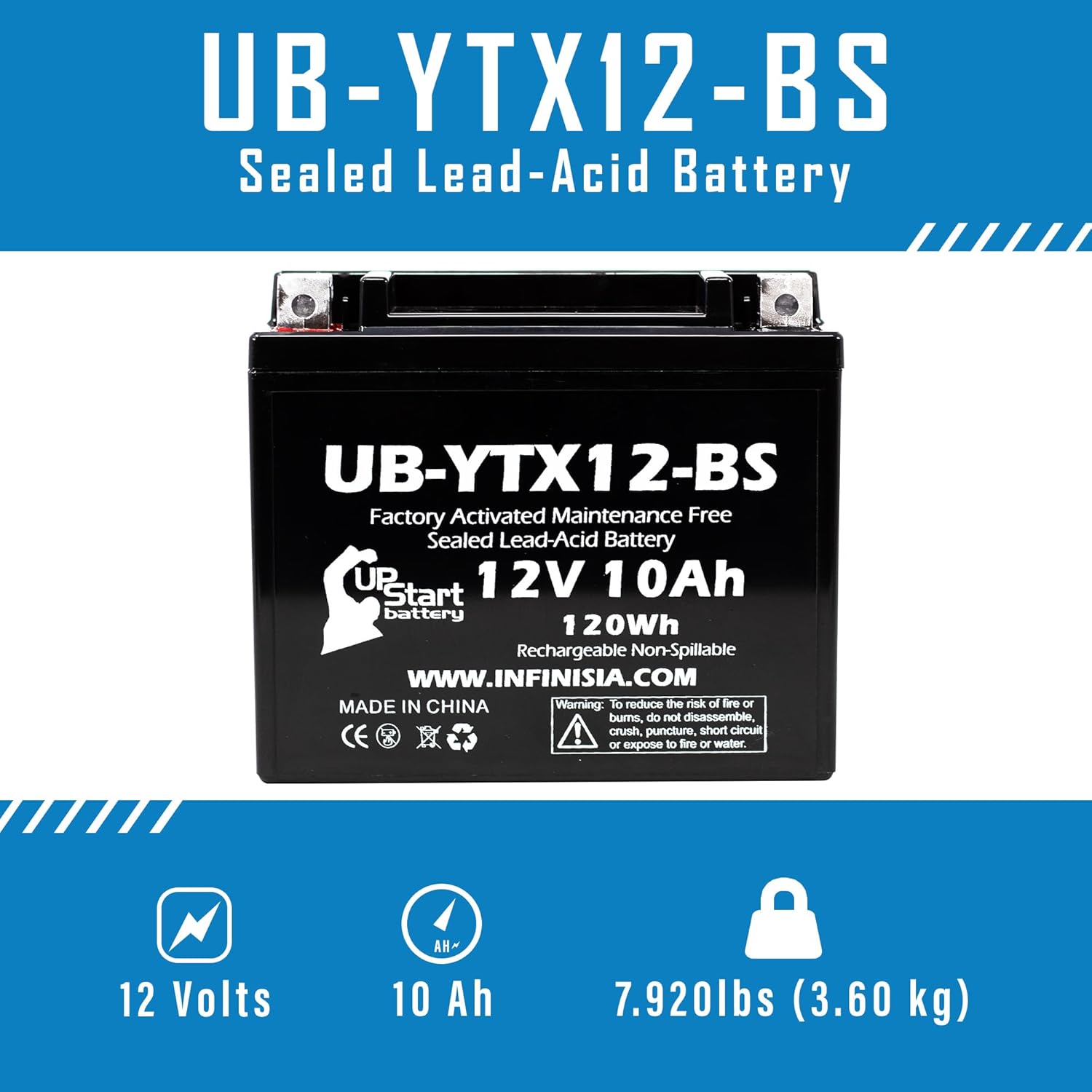 Repuesto para Honda TRX250 Recon, ES 250 CC activada de fábrica, sin mantenimiento, batería ATV – 12 V, 10 Ah, UB-YTX12-BS