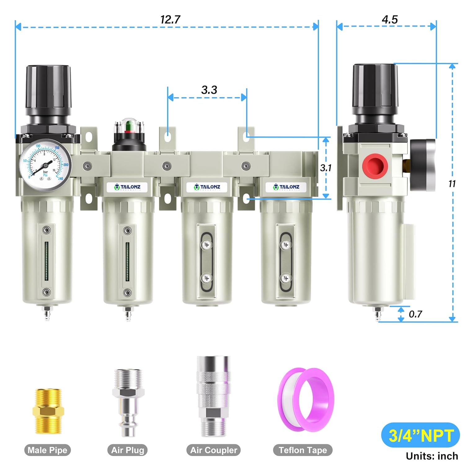 TAILONZ PNEUMATIC 0-240PSI Sistema de secado de aire de 4 etapas de grado industrial NPT de 34 pulgadas, filtro de partículas, filtro de