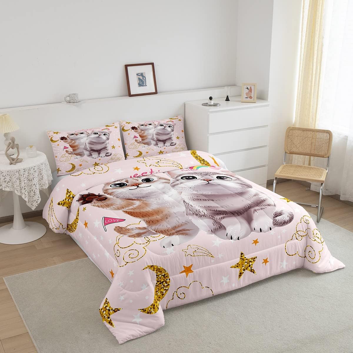Juego de edredón con diseño de gato y luna brillante, juego de ropa de cama con estampado de gatos, juego de edredón acolchado de gatito rosa para
