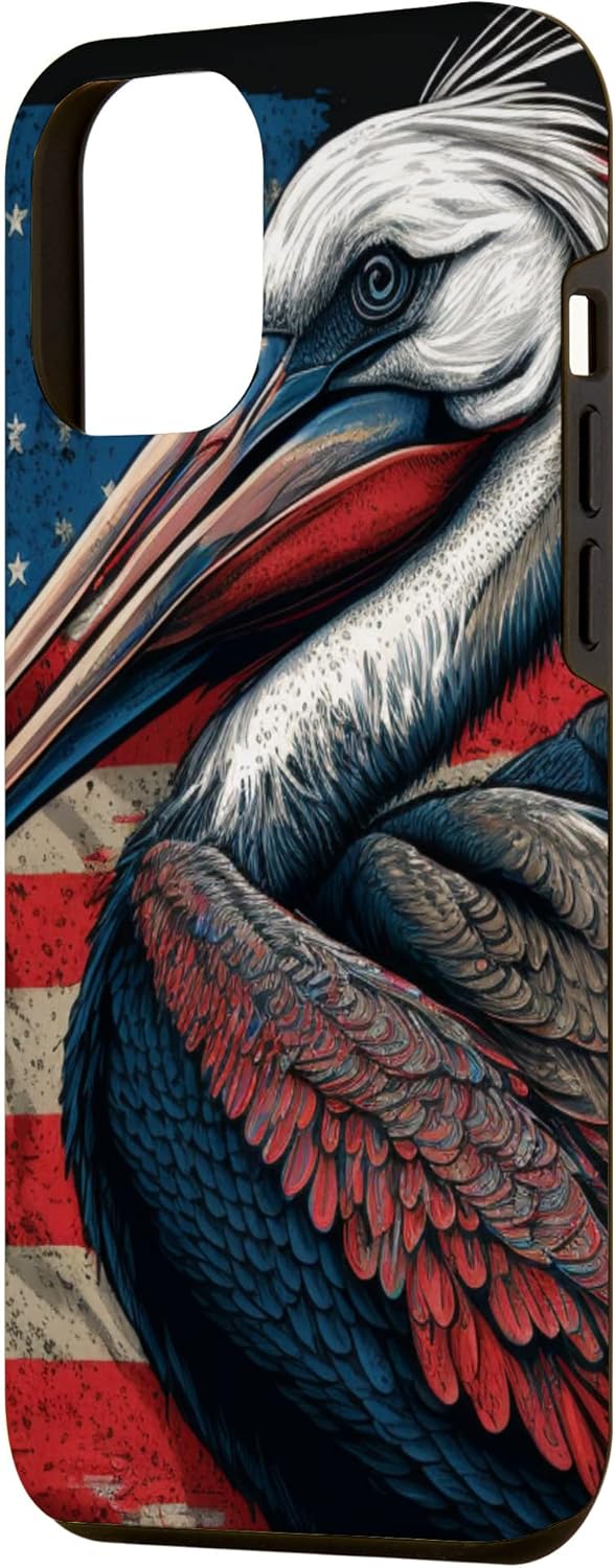 Funda para iPhone 13 Pro Max Pelican Bird Patriotic Vintage American Flag Pelícano