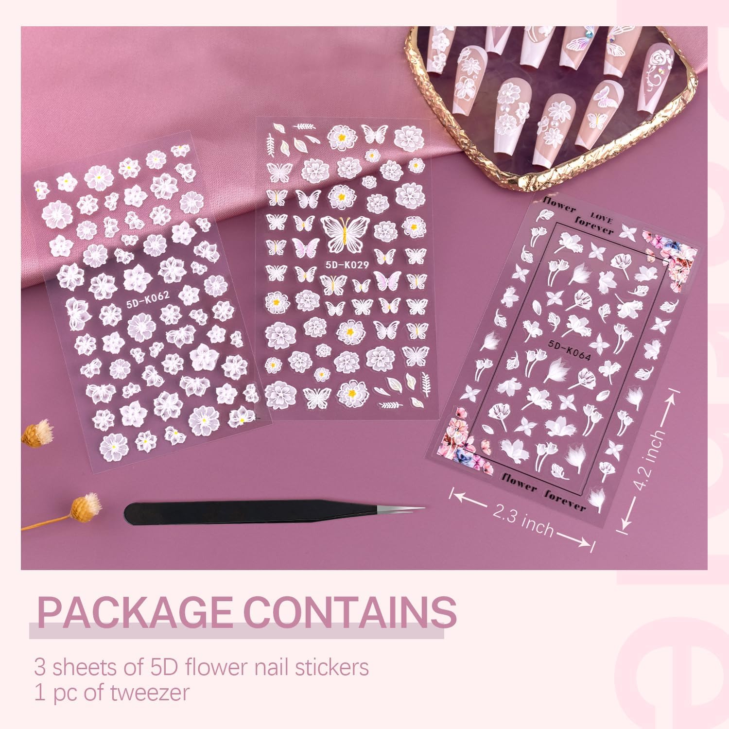 Calcomanías de arte de uñas de flores 5D, 3 hojas en relieve, huecas, exquisitas pegatinas 3D, autoadhesivas, encaje blanco, hojas florales, plumas,