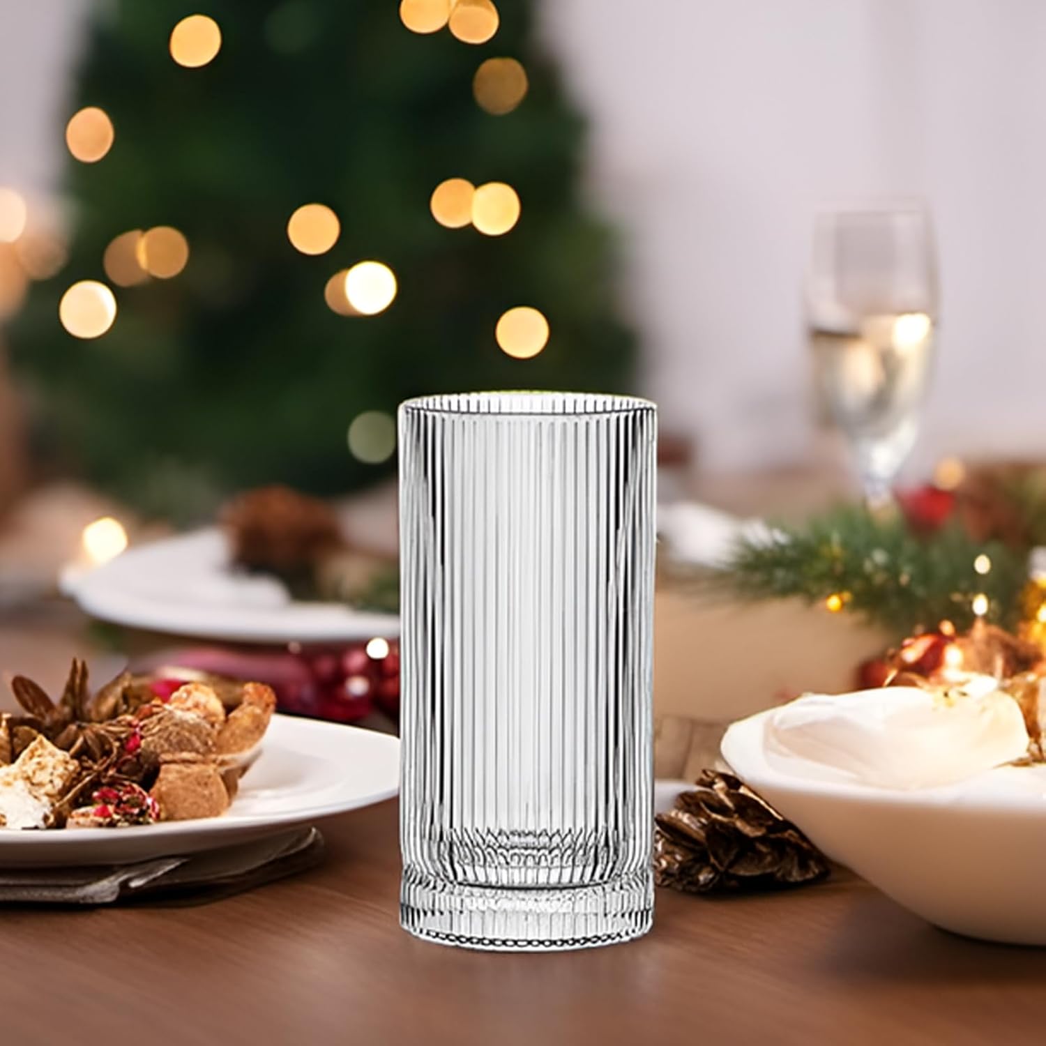 Juego de 4 vasos de 16 onzas, vasos de vidrio altos para café helado, cócteles, jiuces, cristalería acanalada, elegantes vasos de agua altos para el