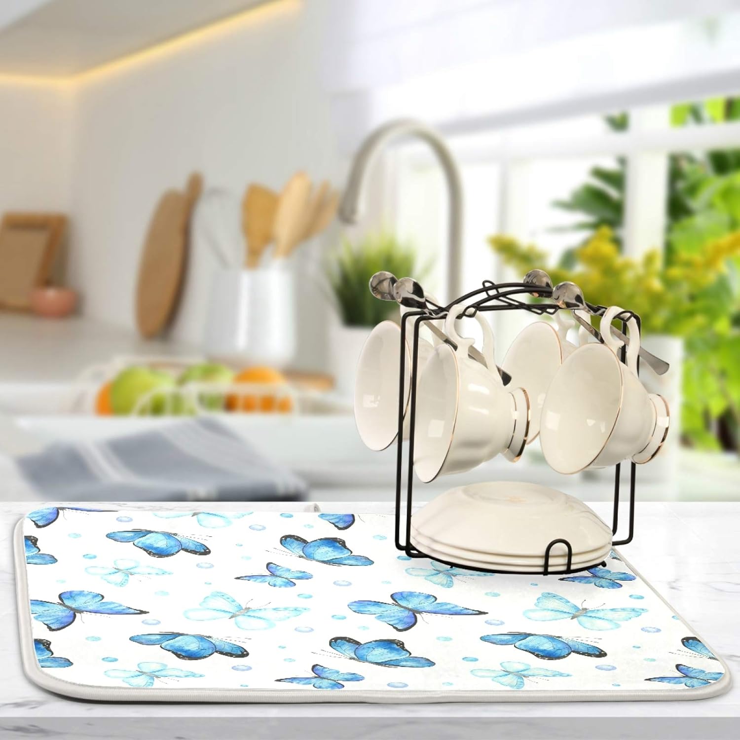 Tapete de secado de platos de mariposa de verano para encimera de cocina, 18 x 24 pulgadas, patrón de mariposas azules, escurridor de platos, tapete