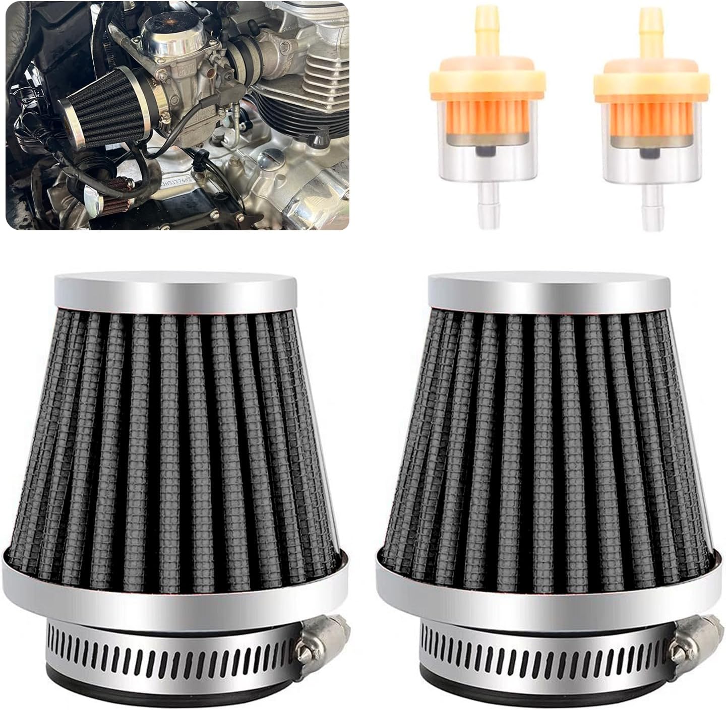 smseace 2 filtros de aire de motocicleta de 1.496 pulgadas con 2 filtros de combustible de 316 pulgadas de repuesto para 70 cc, 100 cc, 110 cc, 125