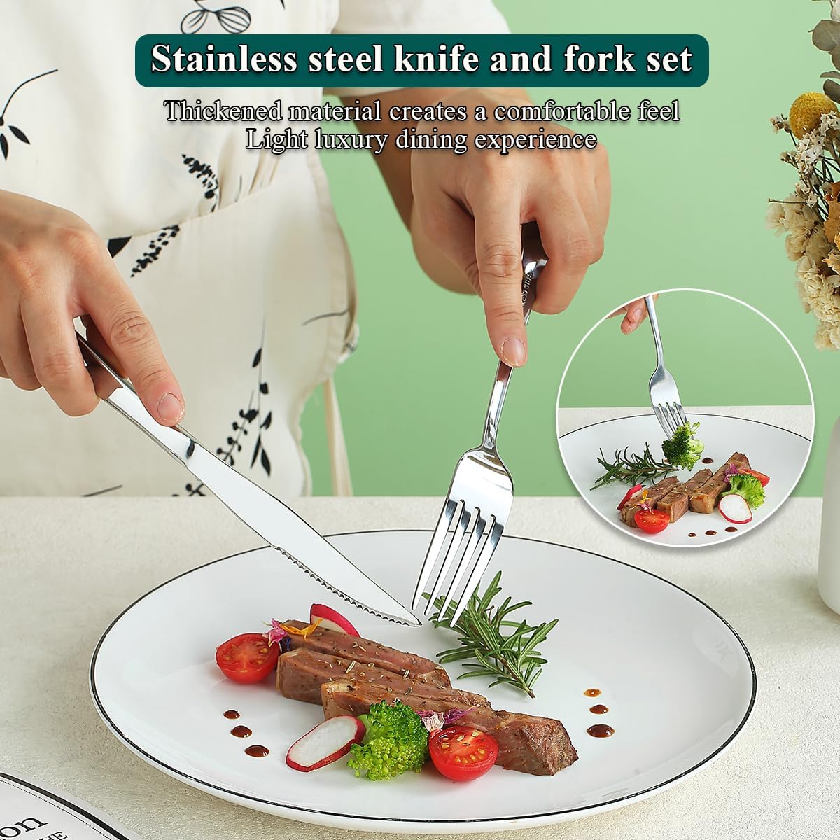 Evanda Juego de cuchillos para carne, 12 piezas, acero inoxidable, 6 tenedores y 6 cuchillos de cena, cuchillos para carne, tenedores para carne,