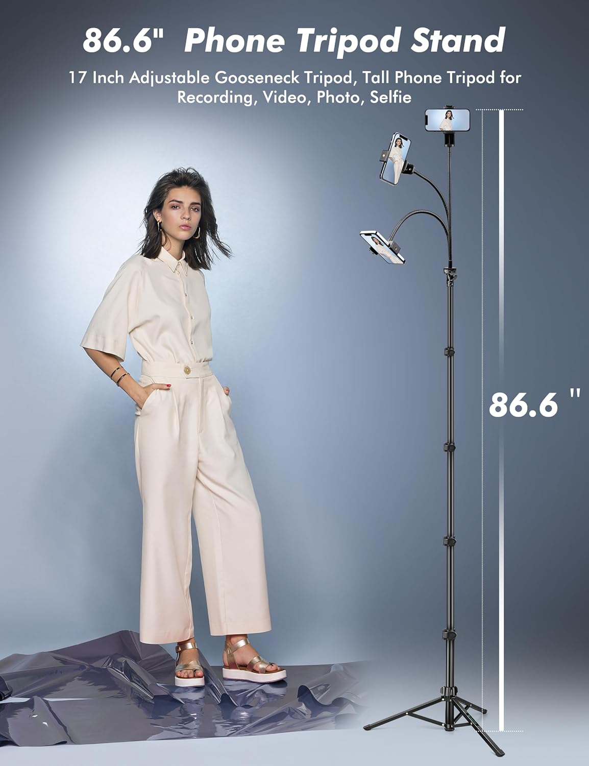 Soporte de trípode para teléfono, trípode para selfie, trípode para teléfono celular de 86.6 pulgadas de alto con cuello de cisne ajustable, trípode
