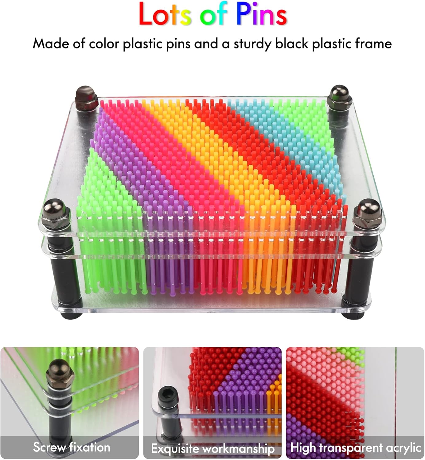 Juguete de arte de pin 3D, tamaño 3.75 x 5 pulgadas, juguete de impresión de tablero de arte 3D de metal único para niños (arco iris, plástico)