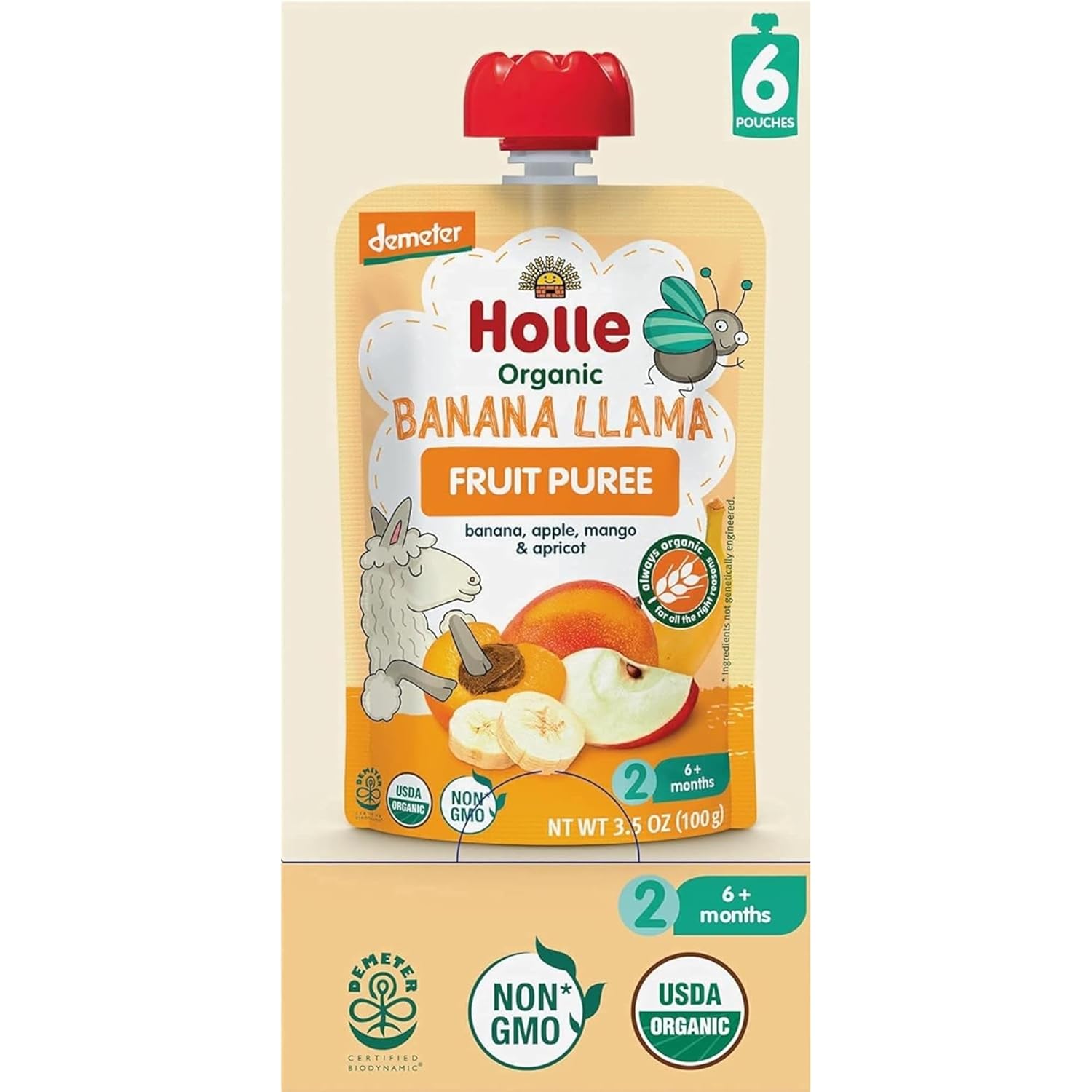 Holle Bolsas orgánicas de comida para bebés, puré de plátano y llama para bebés con plátano, manzana, mango y albaricoque, (paquete de 6) bocadillos
