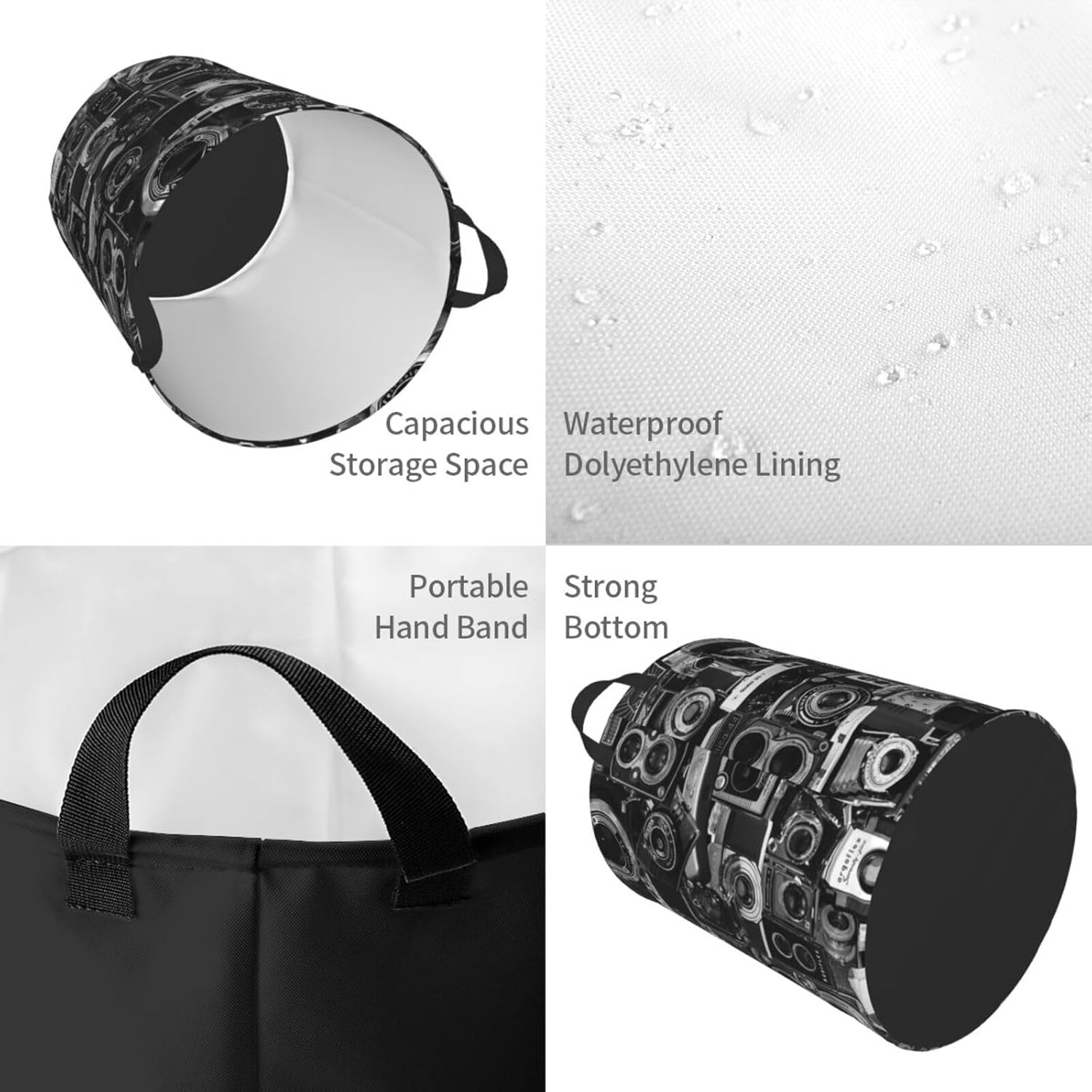 Cesta de ropa redonda impresa para cámara vintage, cesta de ropa impermeable con asas, bolsa de ropa circular de almacenamiento mediano