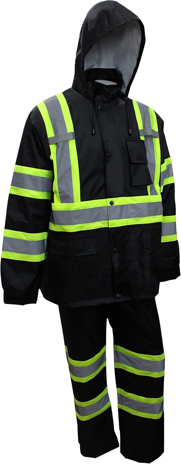 TBK66 – Traje de lluvia clase 3, chaqueta, pantalones de alta visibilidad, parte inferior negra reflectante con patrón en X (4XL, negro), Negro neón