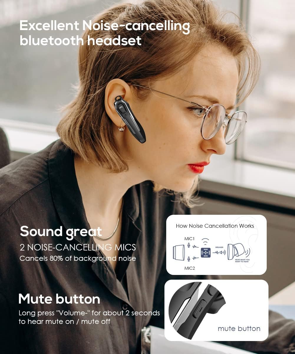 ZOUKAI Auriculares Bluetooth, cancelación de ruido con 2 micrófonos, 30 horas de tiempo de conversación, anuncia identificación de llamadas,