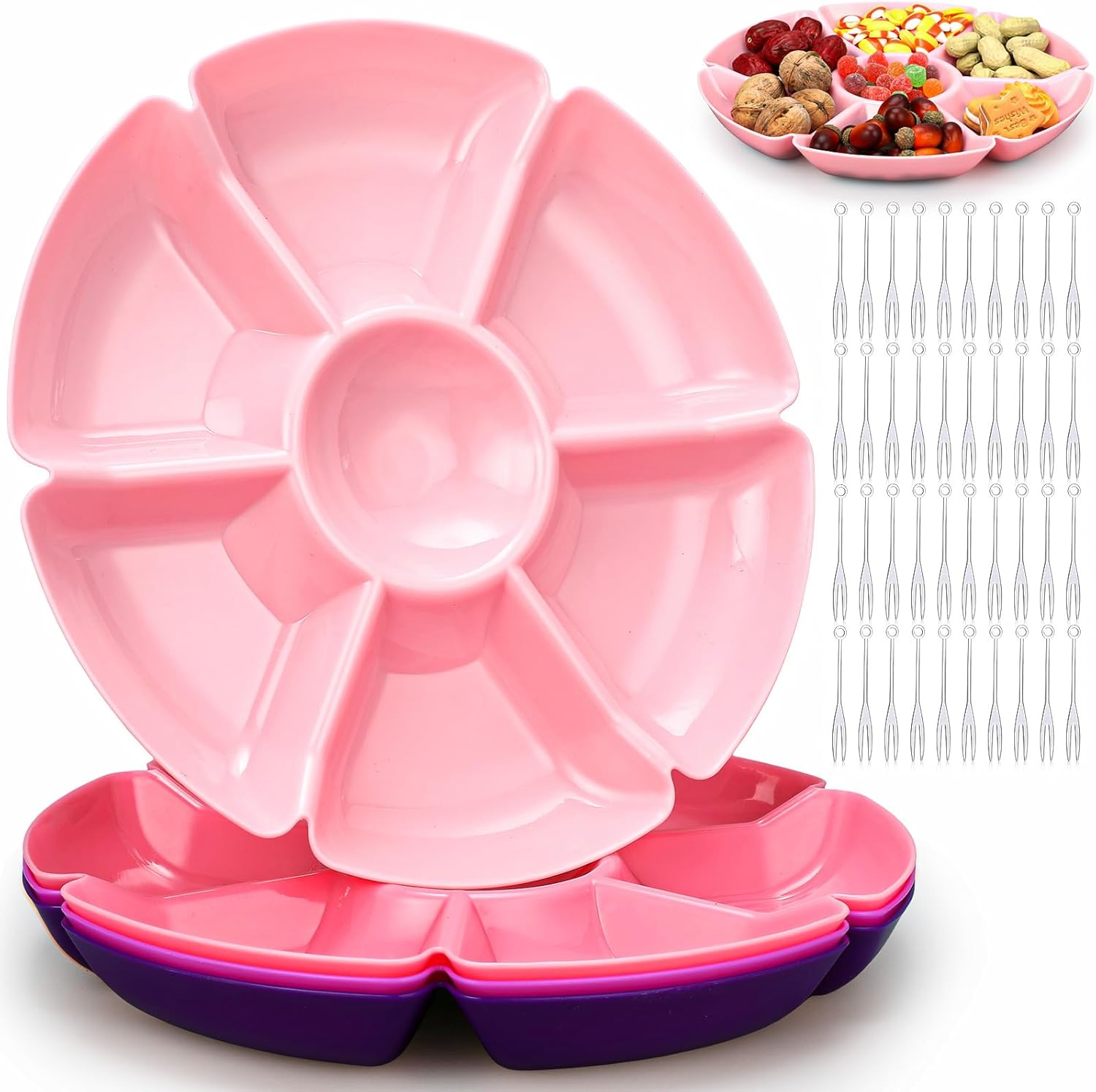 4 bandejas seccionales redondas de plástico para servirplatos, bandeja dividida para fiestas con tenedor desechable, bandeja de aperitivos de 7