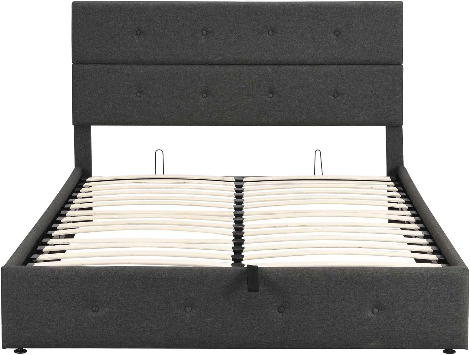 Cama tapizada de plataforma tamaño Queen con almacenamiento en la parte inferior, marco de cama de madera con cabecera copetuda, perfecta para