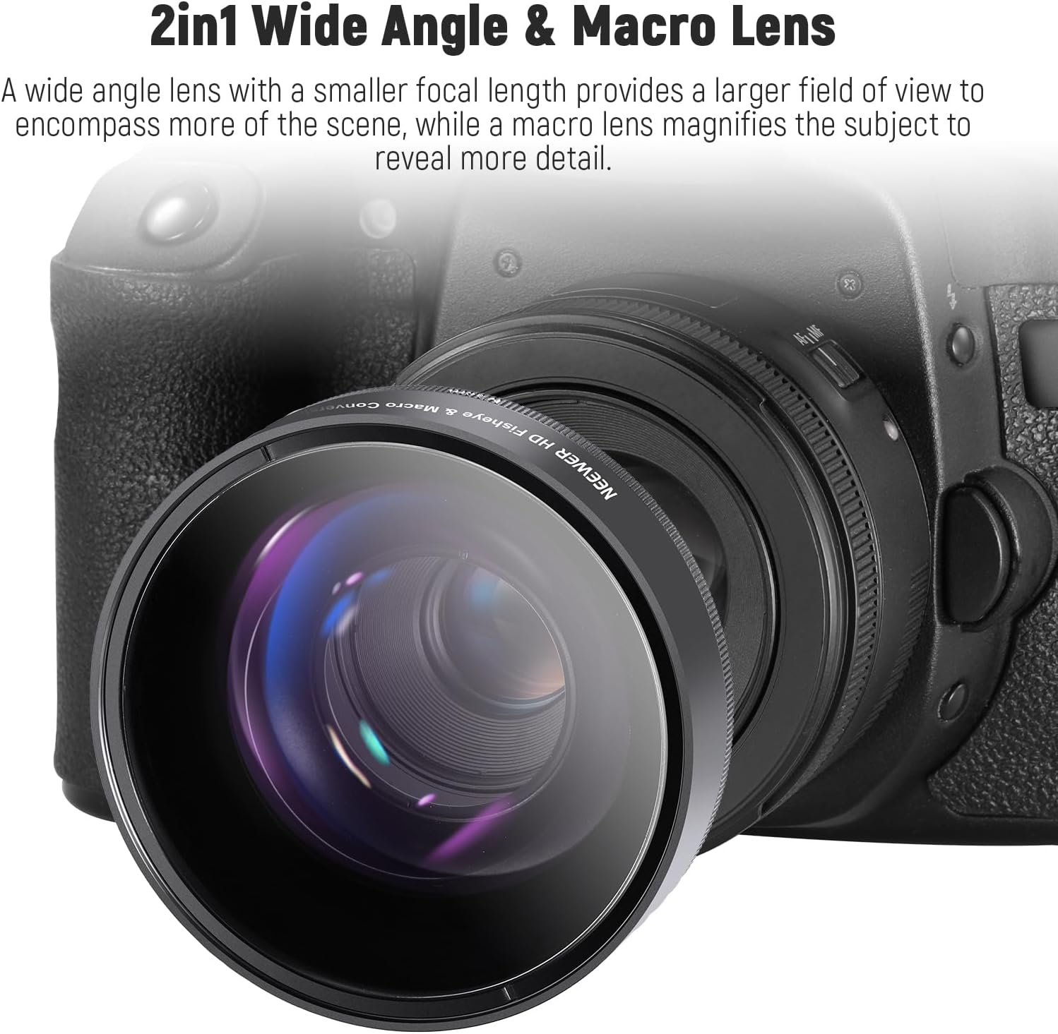 NEEWER Lente gran angular y macro HD 2 en 1 de 2.283 in 0.43X, lente ultra gran angular con longitud focal de 0.709 in compatible con Canon EOS T7