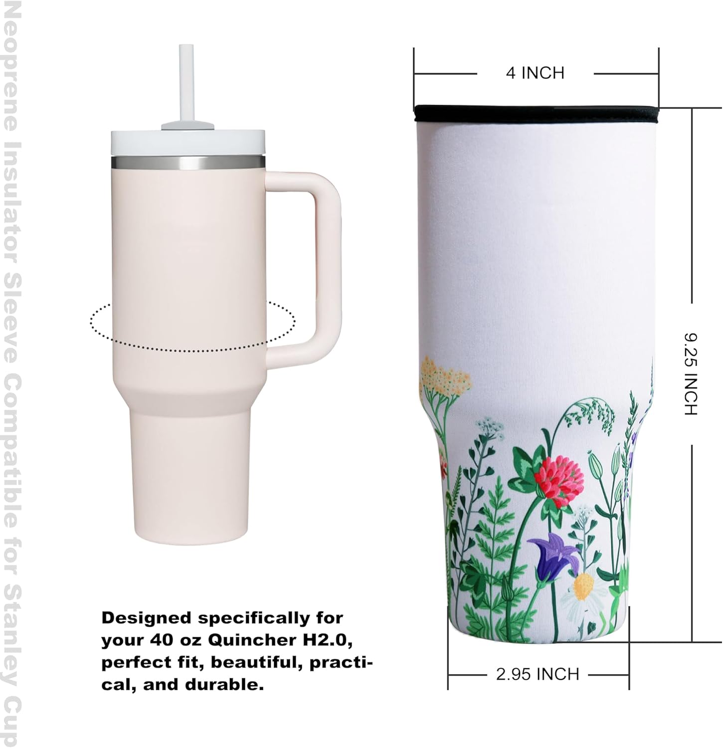 Funda aislante de neopreno compatible con vaso Stanley de 40 onzas con asa, Stanley Quencher H2.0 FlowState, Wild Floral