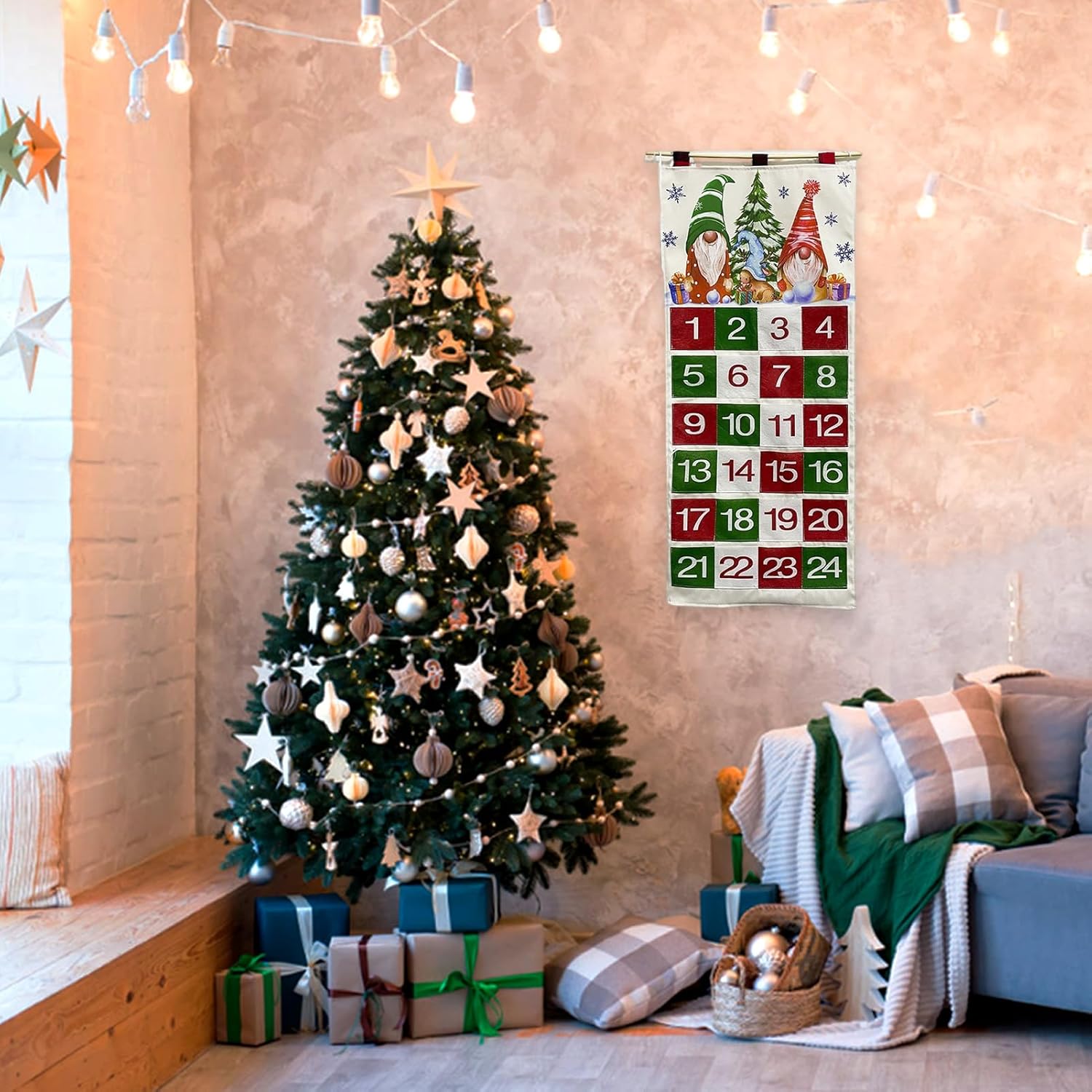 Calendario de cuenta regresiva de Navidad, calendario de Adviento colgante de madera, decoración de pared de Navidad con bolsillos, letrero de