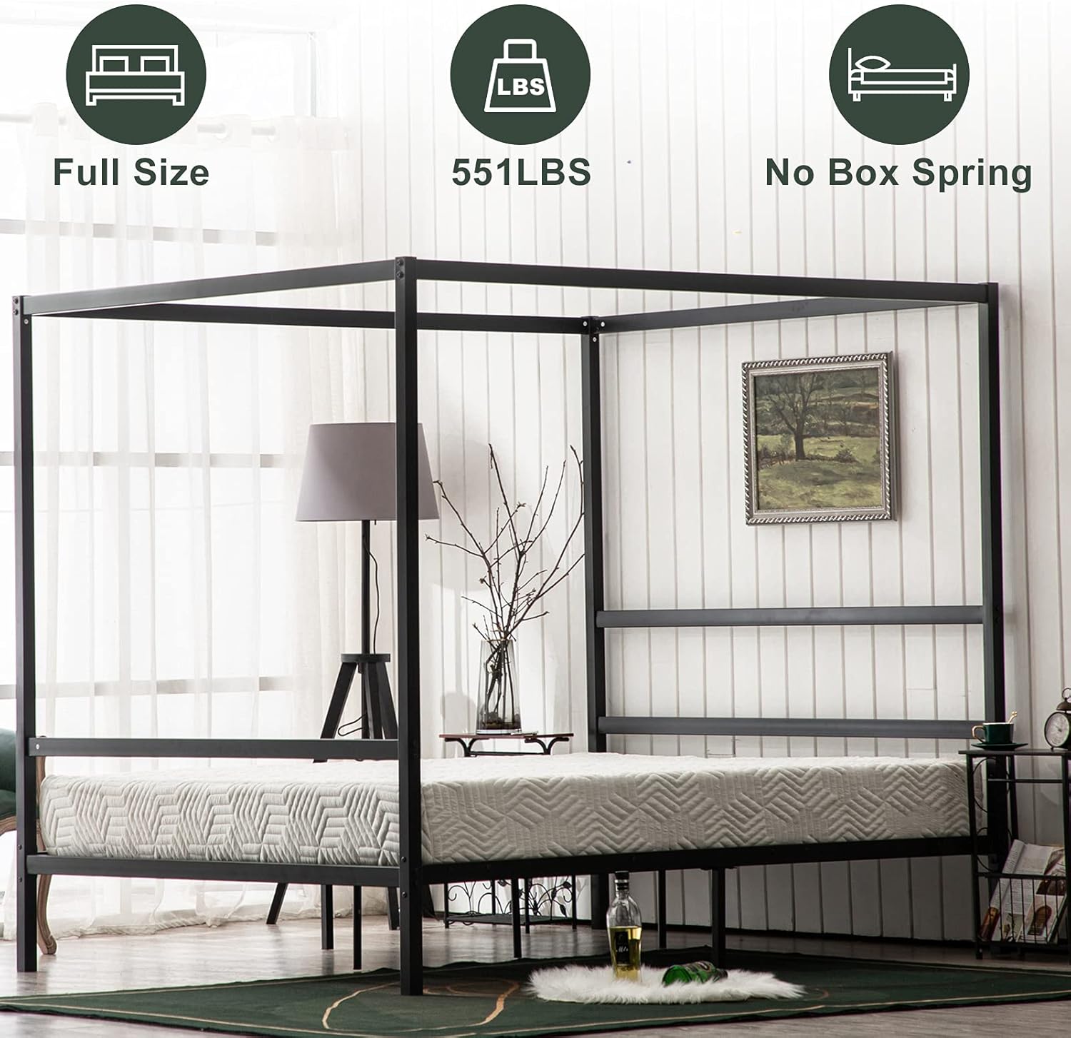 Bonnlo Marco de cama con toldo negro tamaño matrimonial con cabecero, plataforma de metal de 10 pulgadas con 4 carteles, no necesita somier