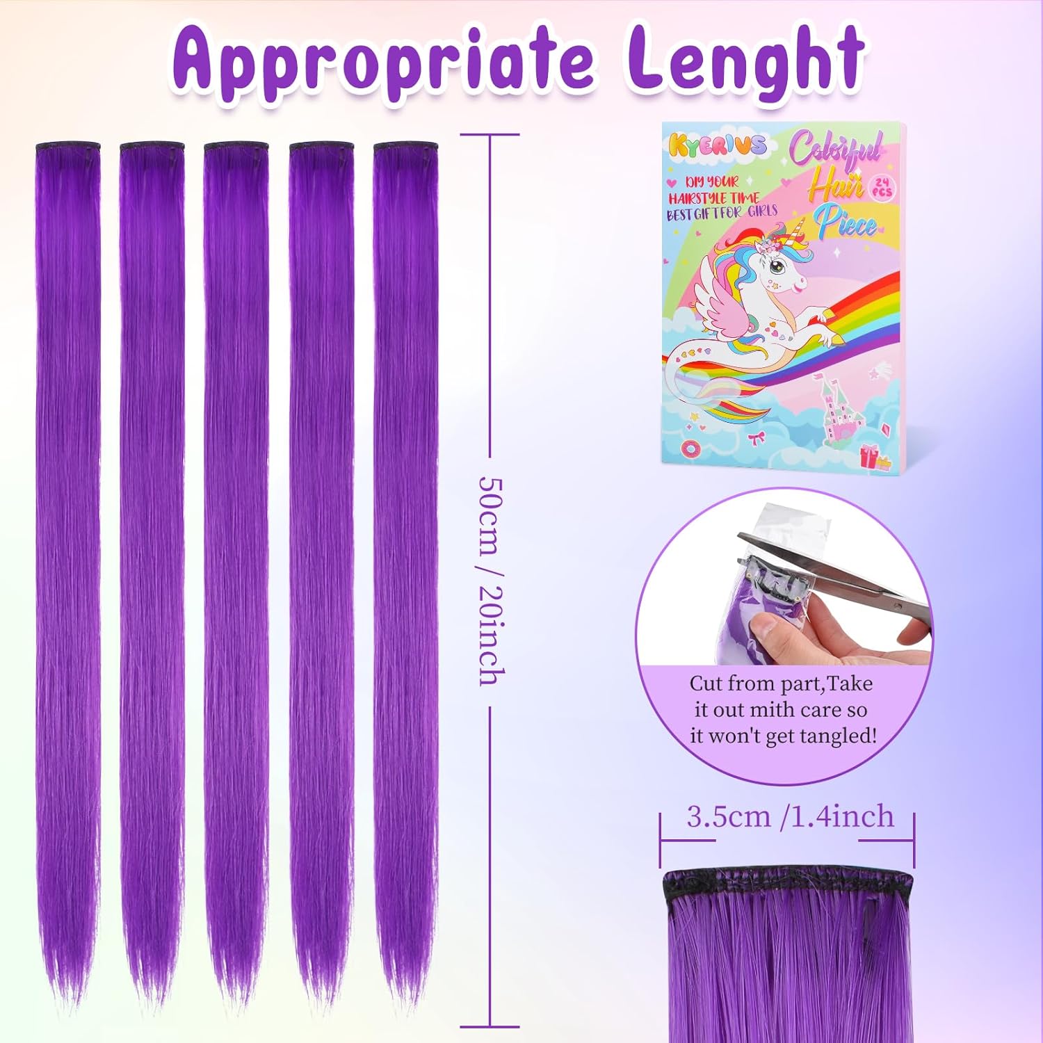 Kyerivs Extensiones de cabello con clip de colores para niñas, 24 piezas de 20 pulgadas, extensiones de pelo sintético lacio arcoíris para niñas,