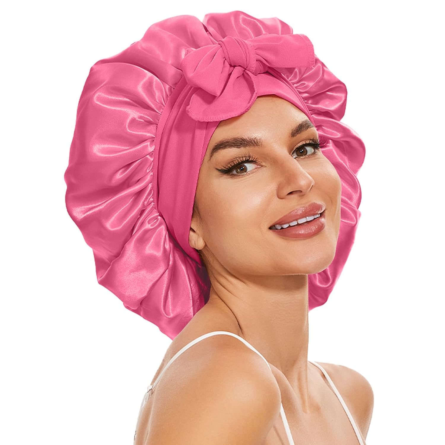 Gorro de satén grande de seda para dormir, gorro de satén de doble capa para mujer, gorro de ducha de cabello rizado natural