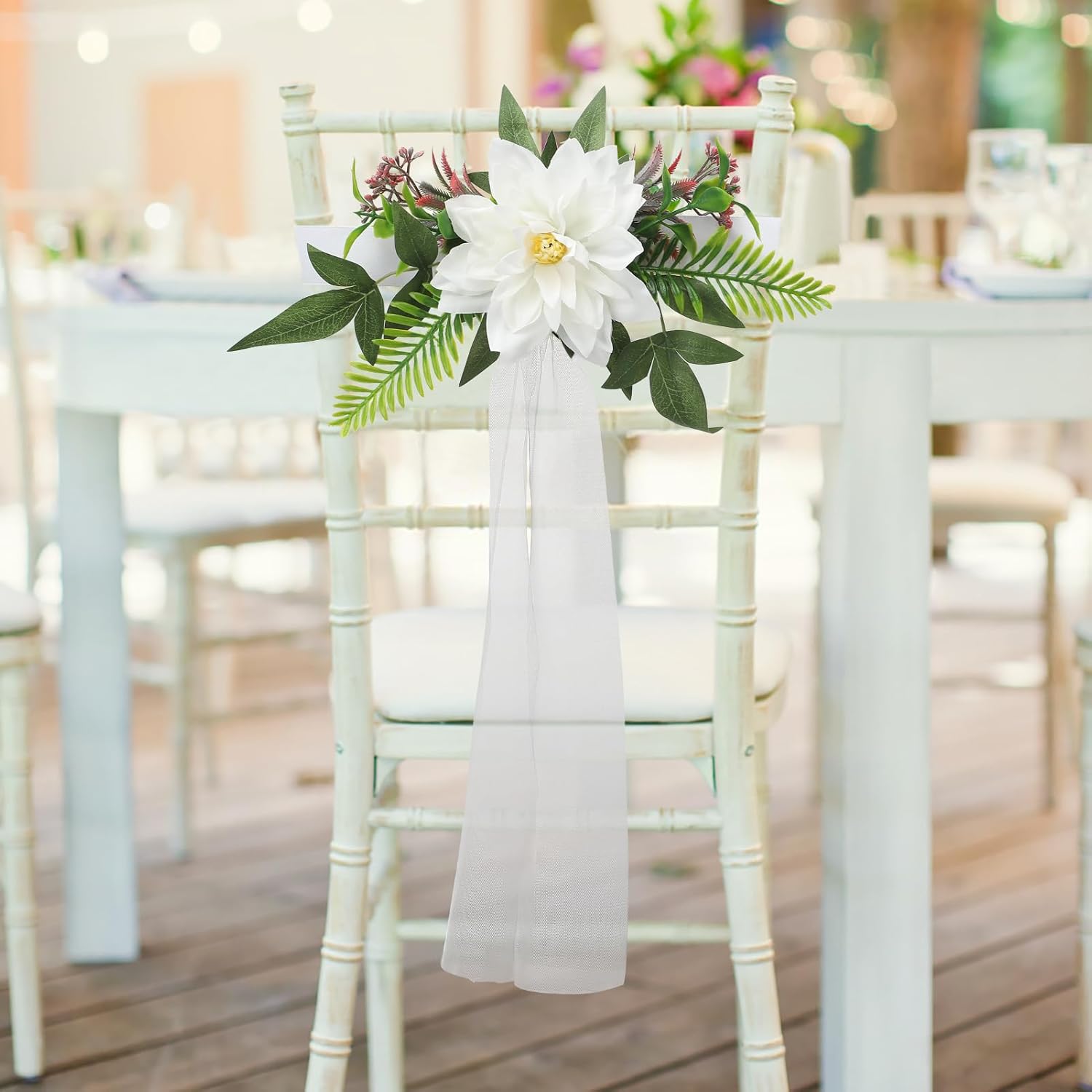 Fofetbfo Juego de 6 decoraciones para sillas de pasillo de boda, flores artificiales con cintas, sillas, respaldo de banco, arreglo de flores para