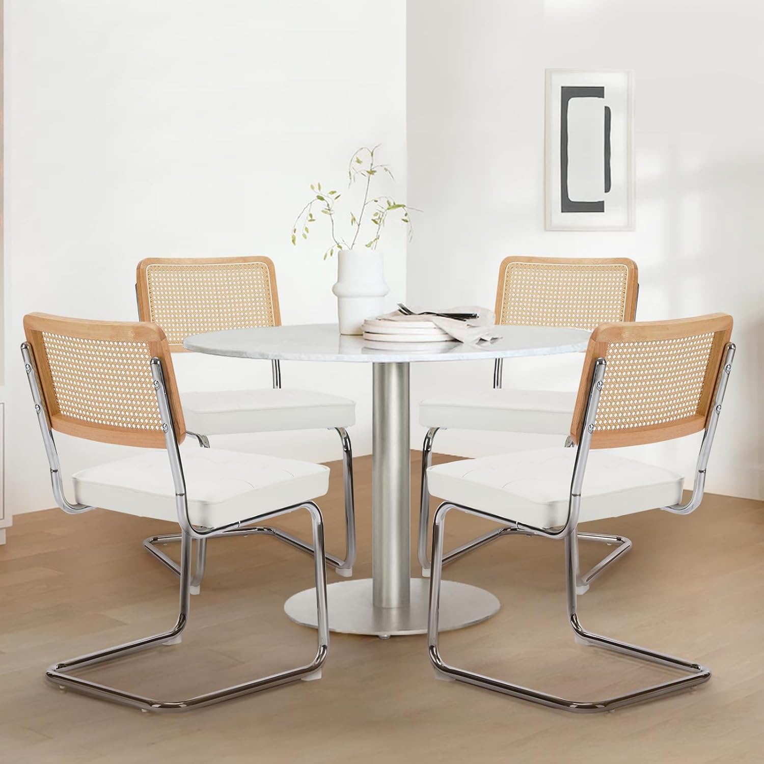 COLAMY Juego de 2 sillas de comedor de ratán, de piel sintética, modernas de mediados de siglo, sillas auxiliares de comedor y cocina con patas