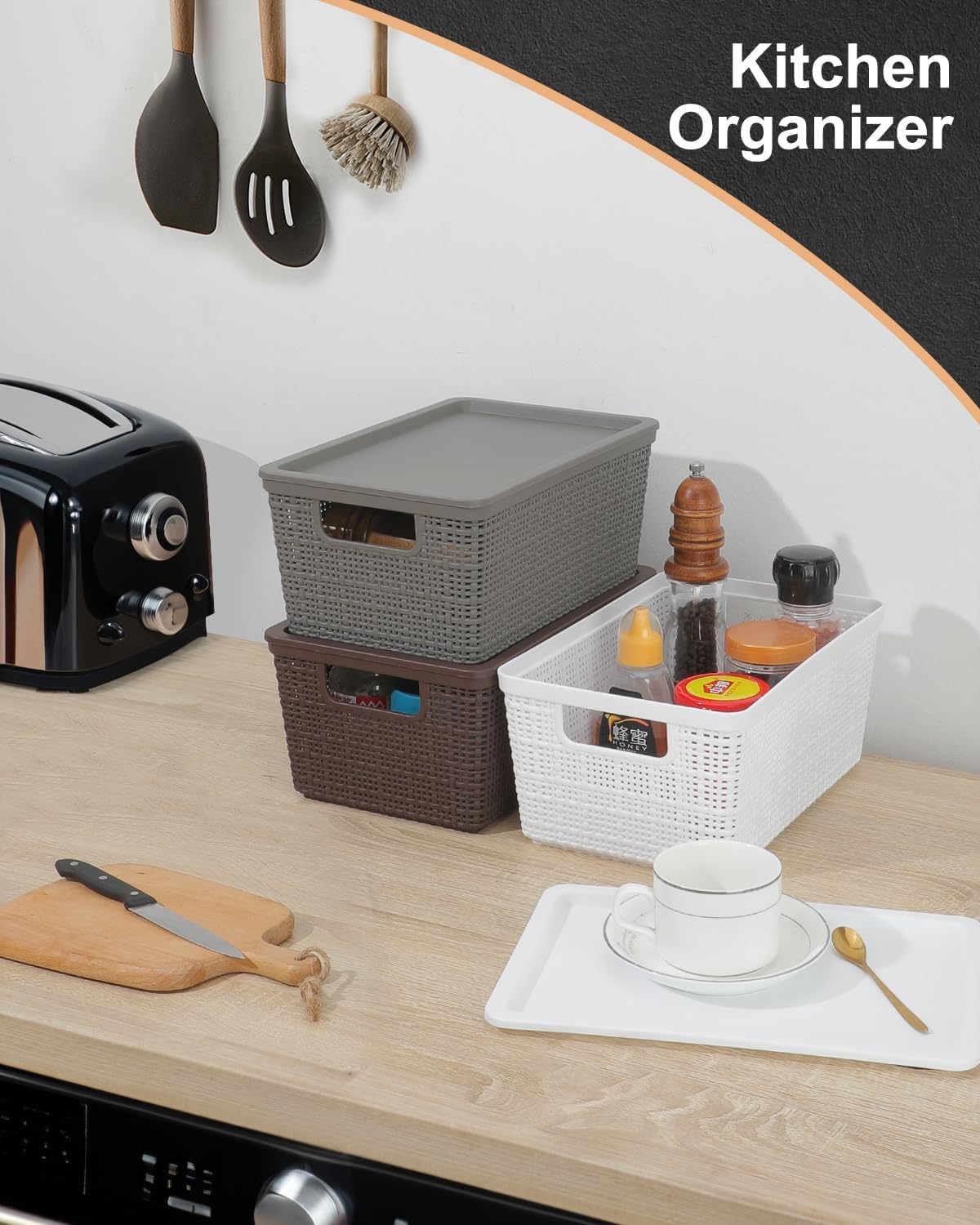 EOENVIVS Cestas de almacenamiento de plástico con tapas, organizadores de cocina y contenedores de almacenamiento, cestas pequeñas para estantes,