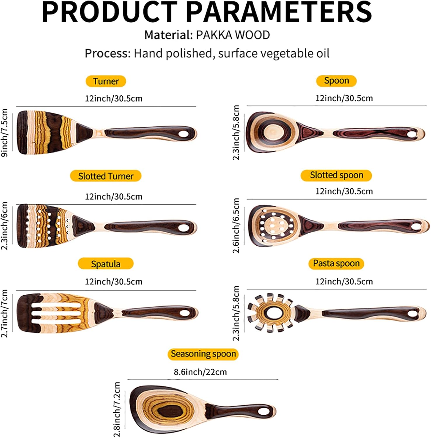 Gudamaye Juego de utensilios de madera de Pakkawood marrón de 7 piezas, resistentes, ecológicos, cuchara de madera para cocinar, utensilio de madera