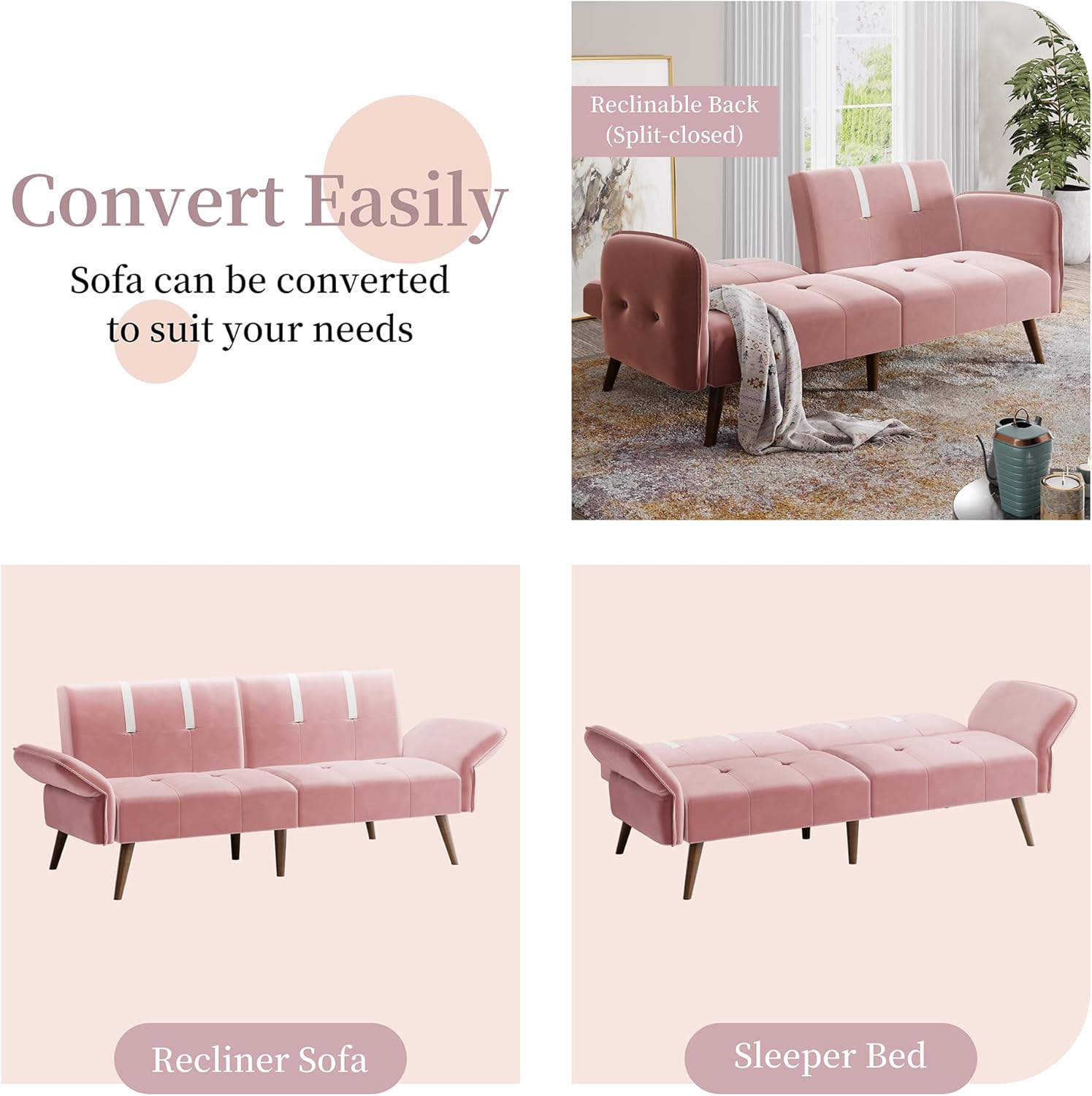 JAMFLY Sofá cama futón de terciopelo de 69 pulgadas, sofá cama convertible con reposabrazos y respaldo ajustables, moderno sofá biplaza para sala de