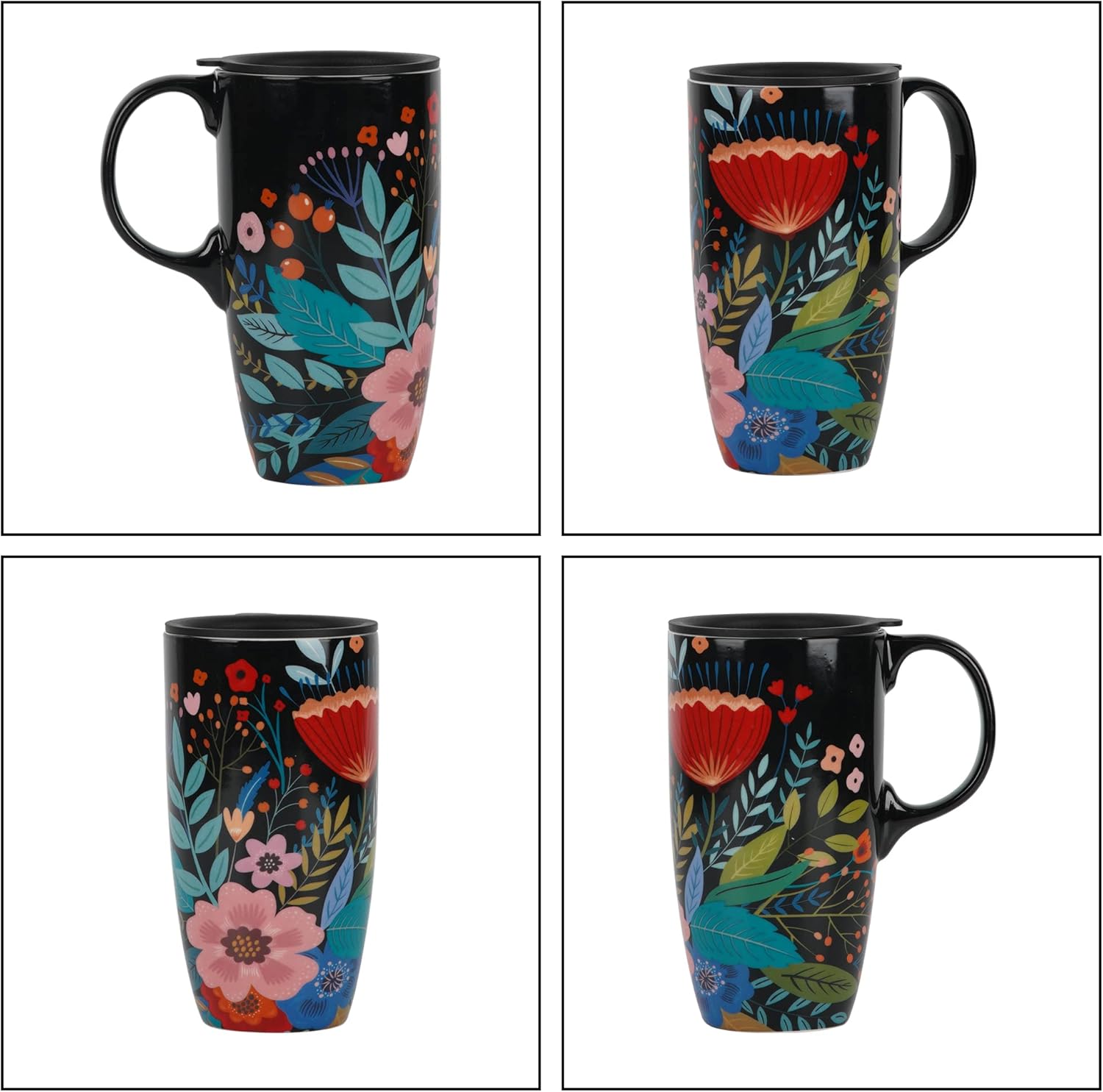 Topadorn Taza de café de cerámica con tapa de 17 onzas, taza de té alta de porcelana con asa para el hogar y la oficina, taza roja con patrón de