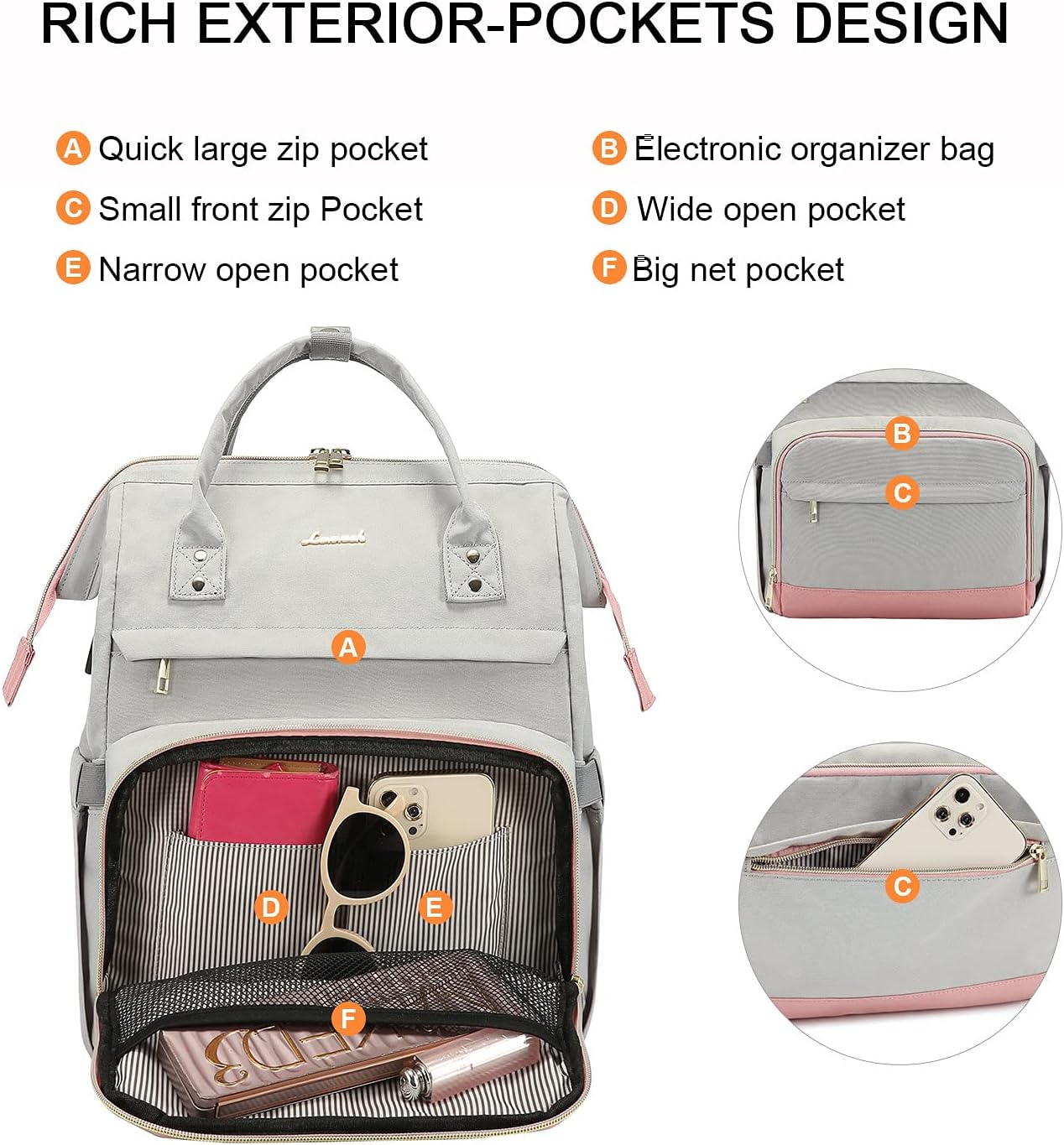 LOVEVOOK Mochila para laptop para mujer, mochila de viaje de 17 pulgadas, bolsa de libros para enfermeras, escuela, profesores, gris claro, rosa