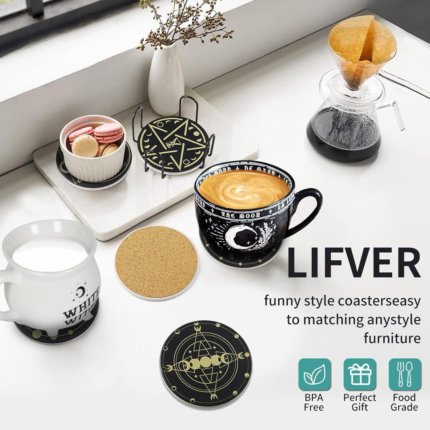 Posavasos de bruja para bebidas, decoración de bruja de cocina, decoración gótica del hogar, regalos para mujeres, juego divertido de 6 piezas con