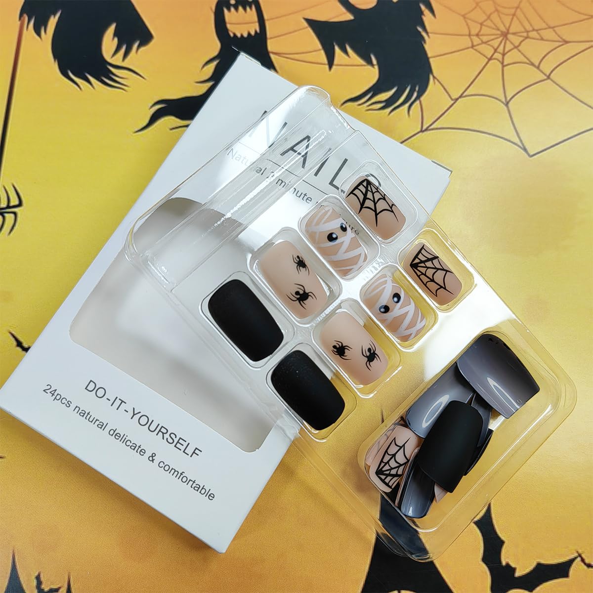 24 uñas postizas cuadradas medianas con telarañas, diseño de arañas, arañas, diseño de arañas zombies, uñas adhesivas de cobertura completa, uñas