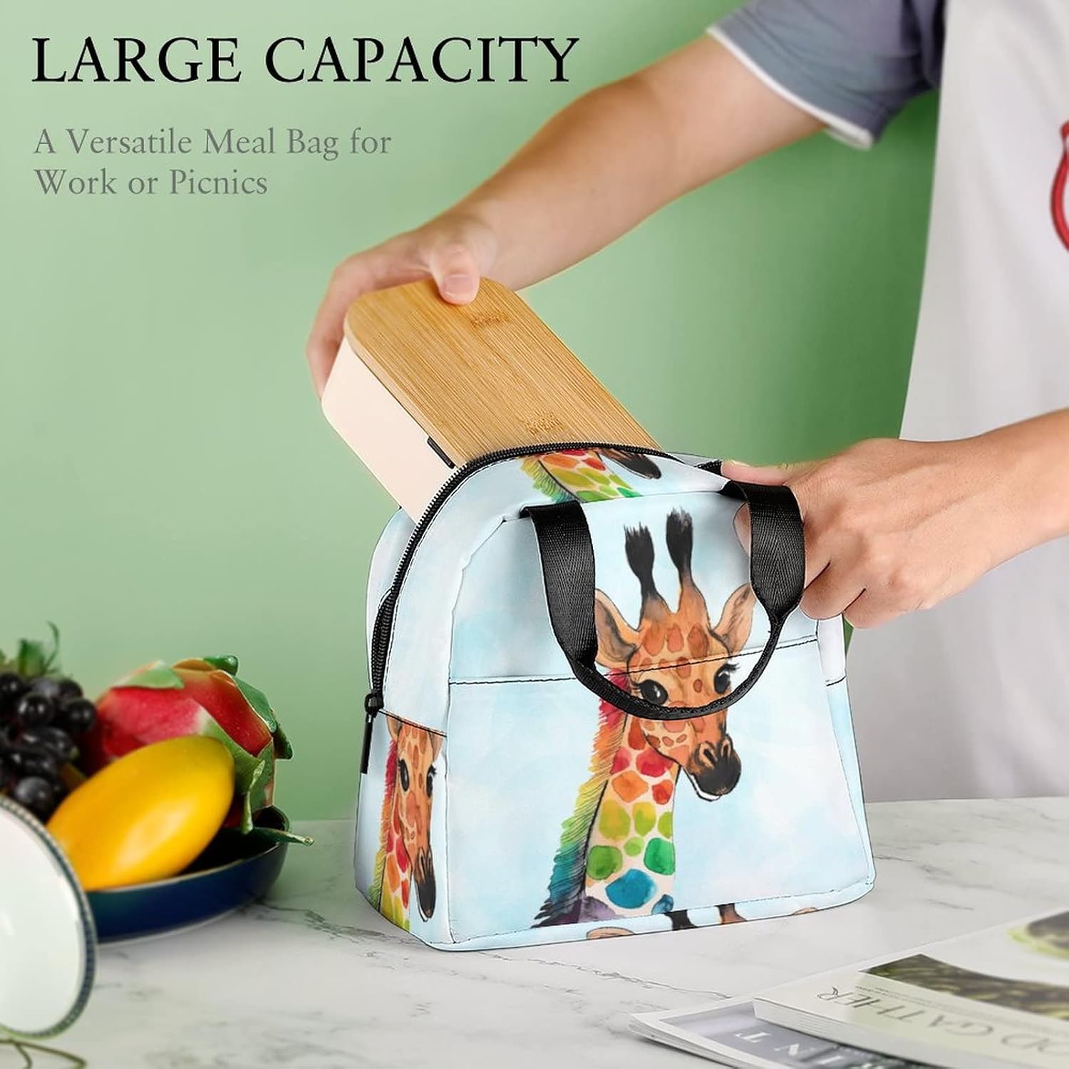 QJHEC Lonchera de jirafa, reutilizable, linda bolsa de almuerzo aislada para niños, bolsa de mano multifuncional para la escuela, contenedor de
