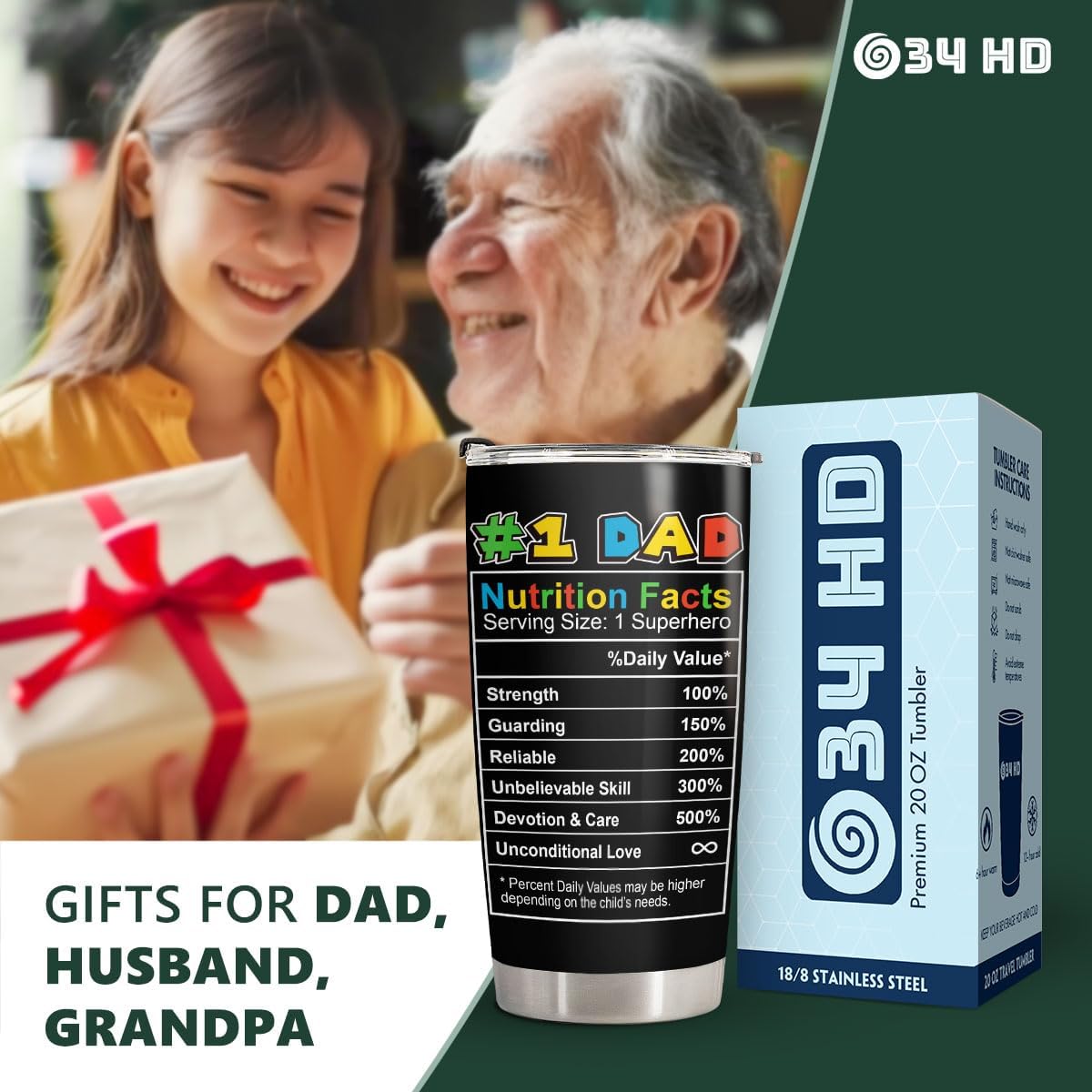 34HD Regalos para papá, vaso con tapa de acero inoxidable, taza de café de viaje para papá, taza para beber para papá, regalos del día del padre