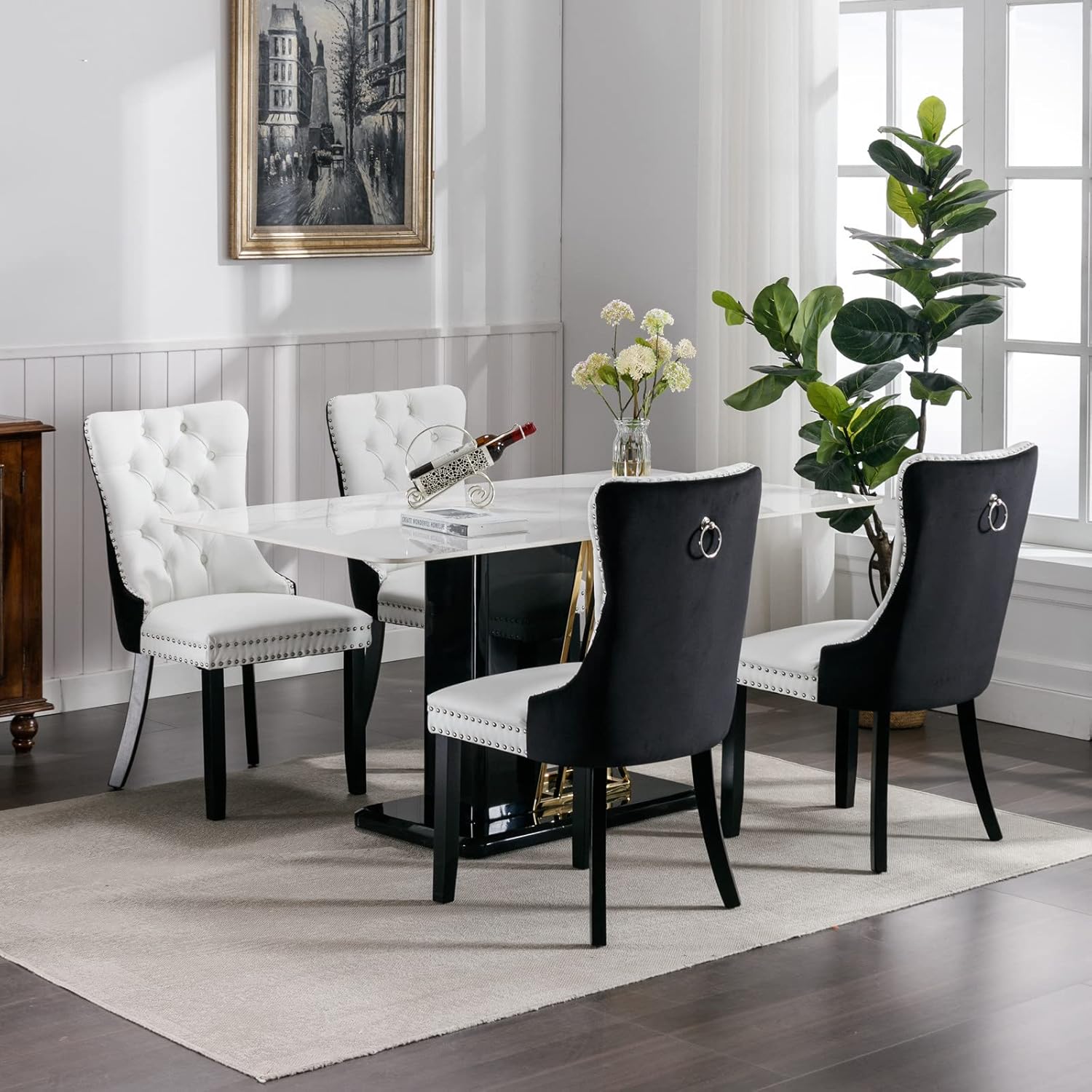 LZ LEISURE ZONE Juego de 2 sillas de comedor, sillas decorativas tapizadas con patas de madera maciza, ribete de cabeza de clavo, diseño de anillo
